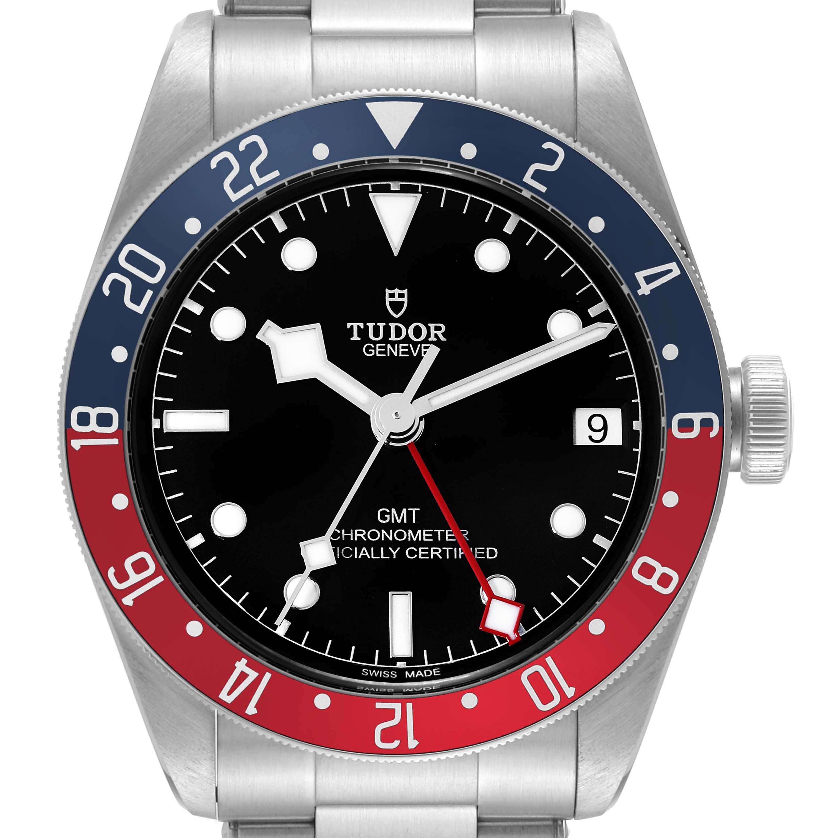 The image shows a front view of the Tudor Heritage Black Bay 79830RB Men
s Stainless Steel Black Dial 79830RB Men
s Stainless Steel Black Dial watch, highlighting the bezel, dial, hands, and crown.