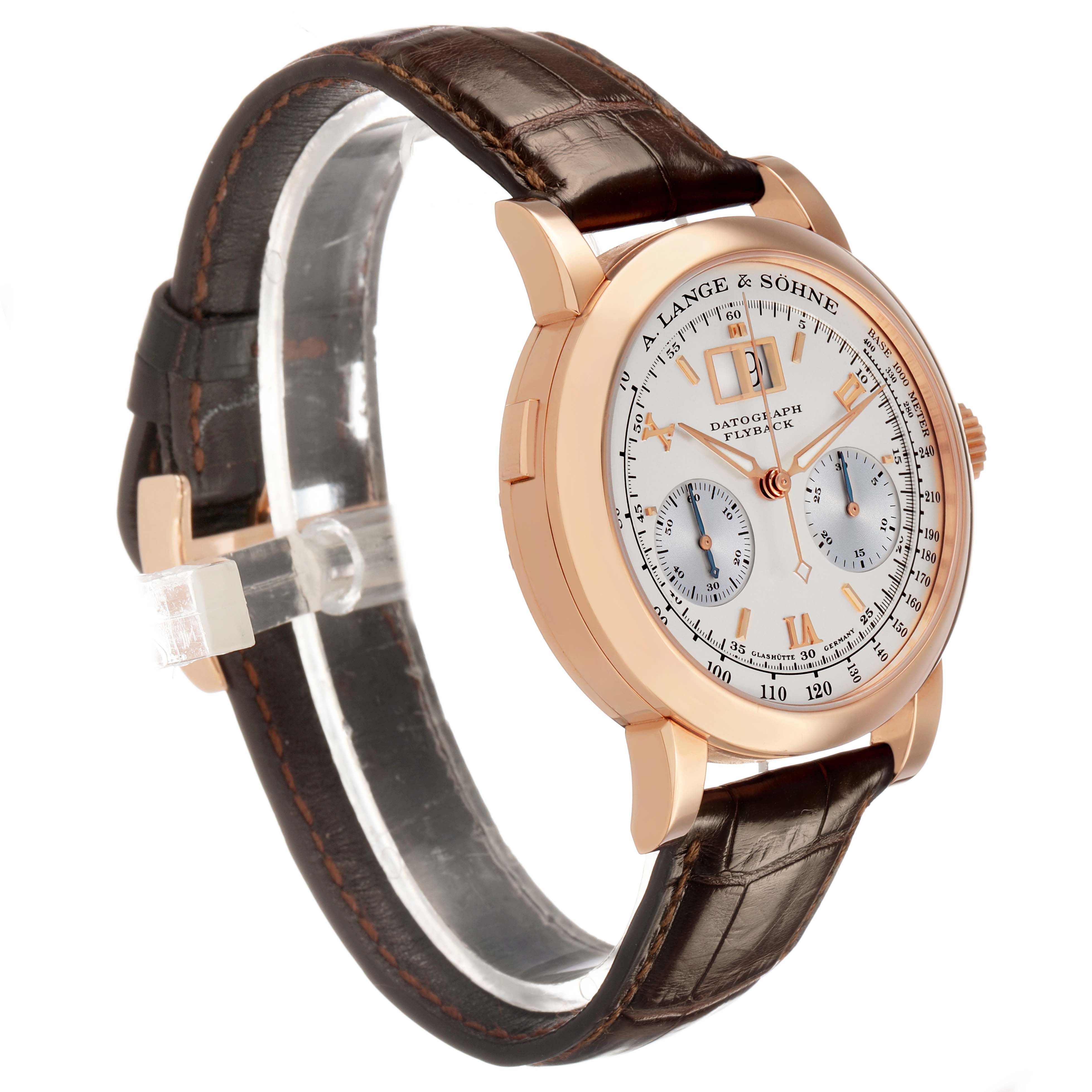 The A. Lange & Sohne Datograph 403.032 Men's Rose Gold Silver Dial is shown at a three-quarter angle, displaying the face, crown, and leather strap.