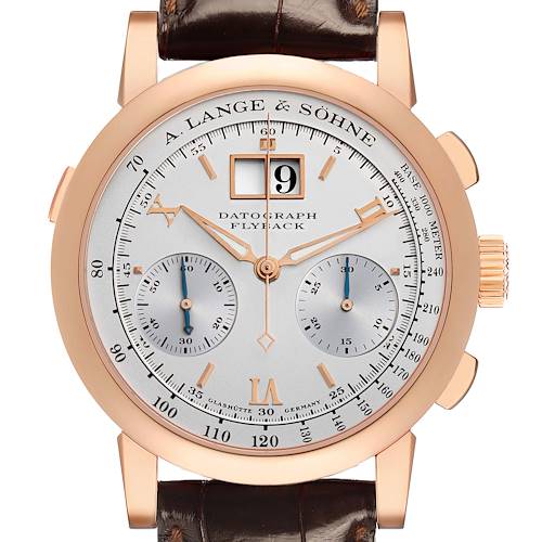 The image shows a front view of the A. Lange & Sohne Datograph 403.032 Men's Rose Gold Silver Dial, highlighting its dial, sub-dials, and date display.