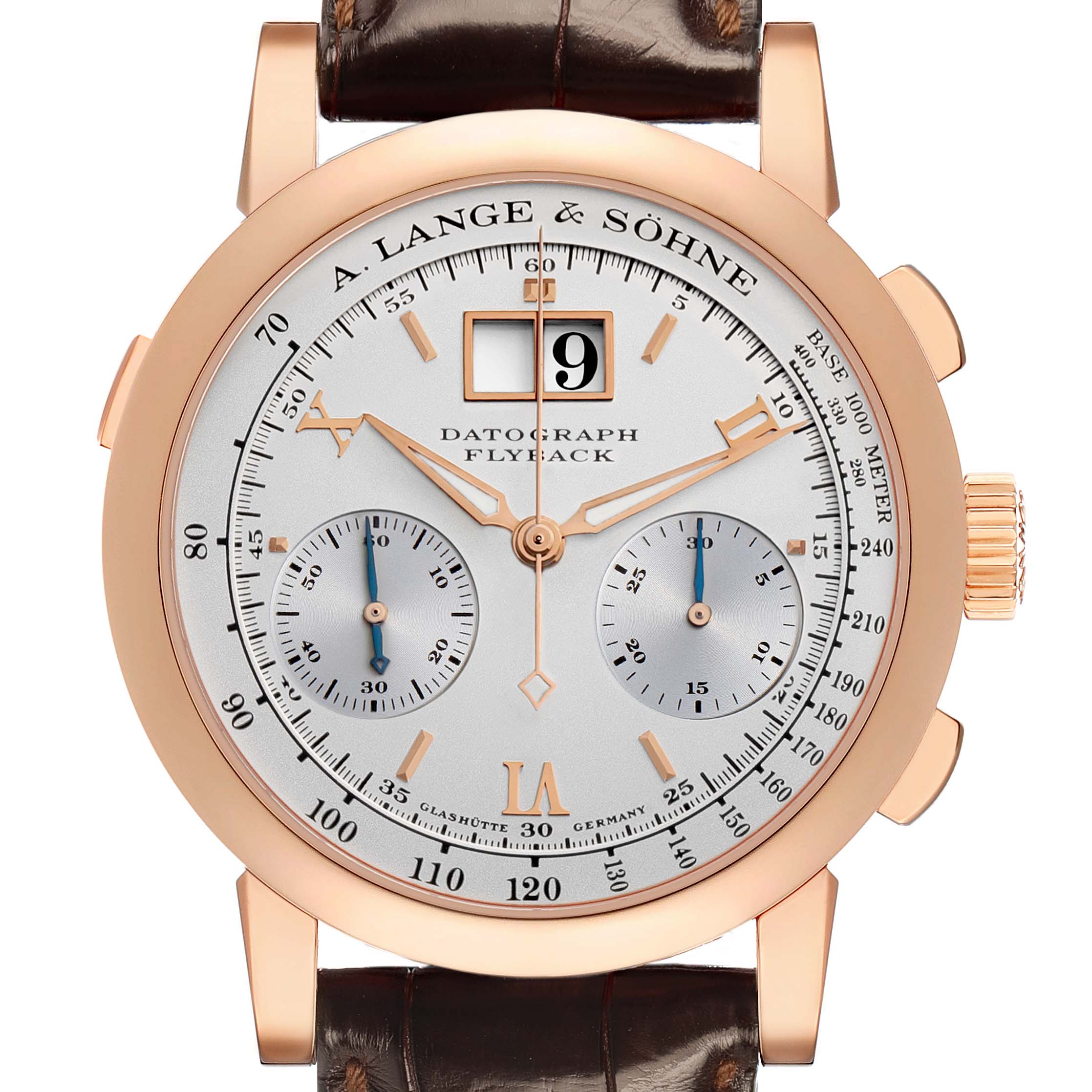 The A. Lange & Sohne Datograph 403.032 Men's Rose Gold Silver Dial watch is shown from the front, highlighting its dial, subdials, date window, and buttons.