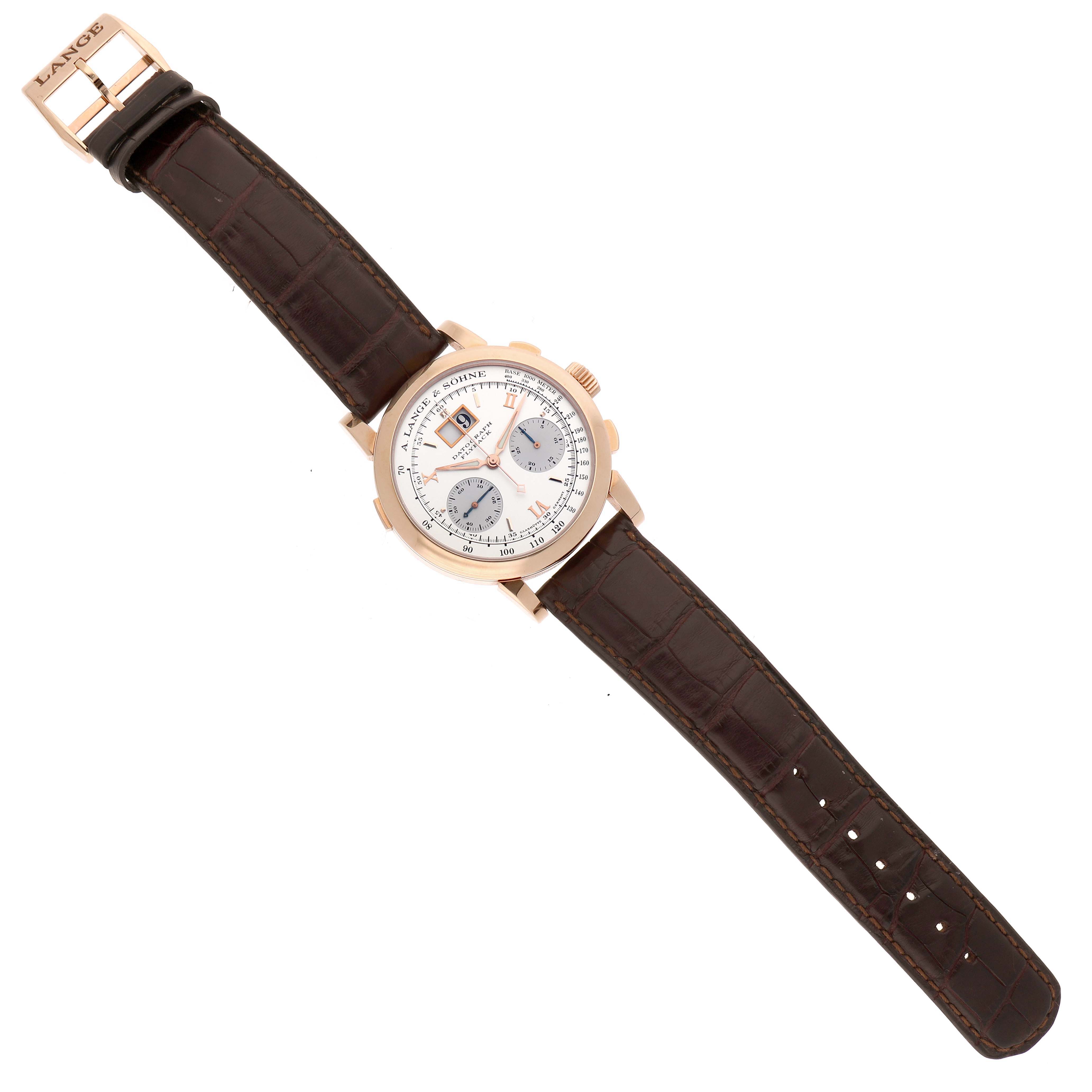 The A. Lange & Sohne Datograph 403.032 Men's Rose Gold Silver Dial is shown from a top-down angle, displaying the full watch including the dial, case, and leather strap.