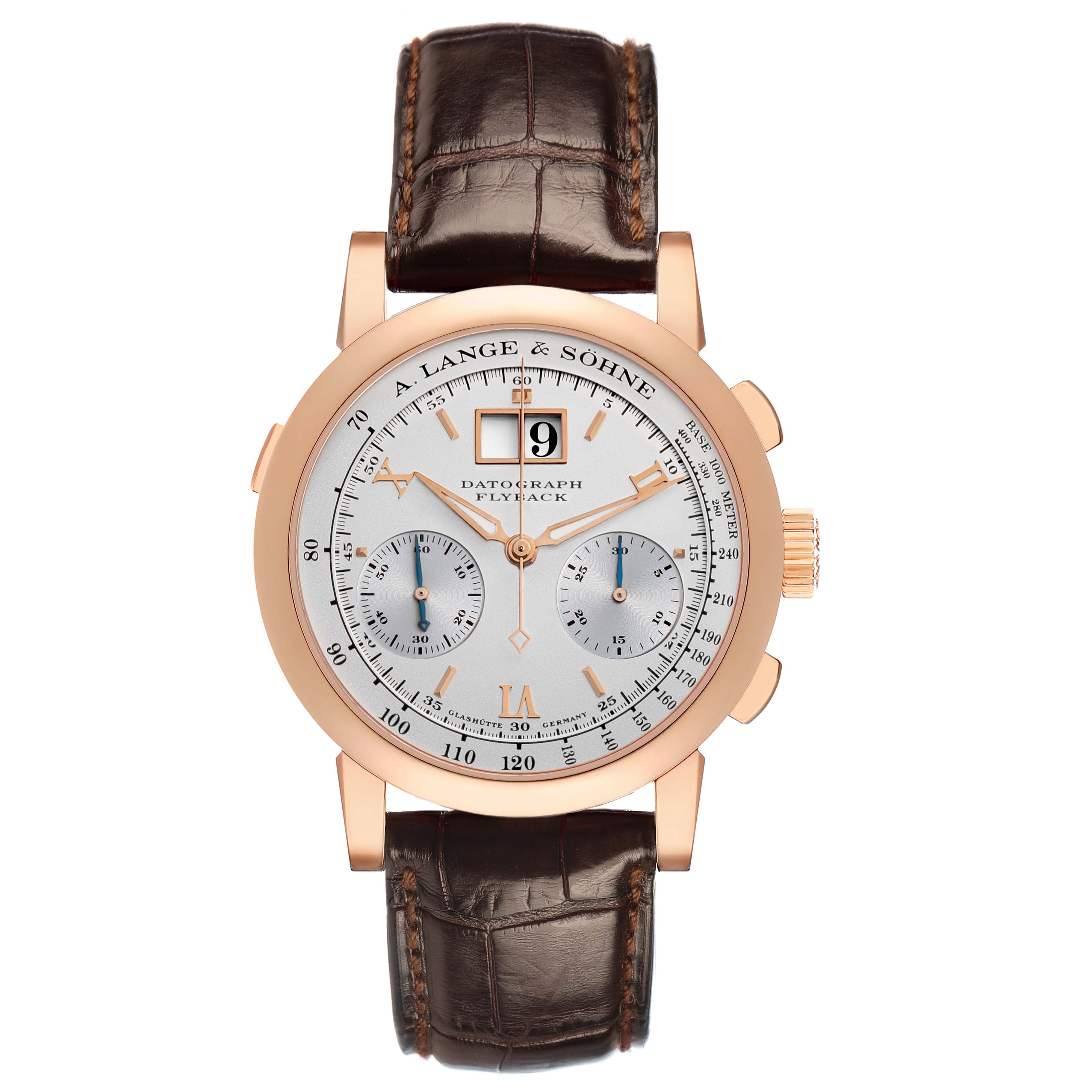 The A. Lange & Sohne Datograph 403.032 Men's Rose Gold Silver Dial watch is shown from a front angle, displaying its face, dial, subdials, and strap.