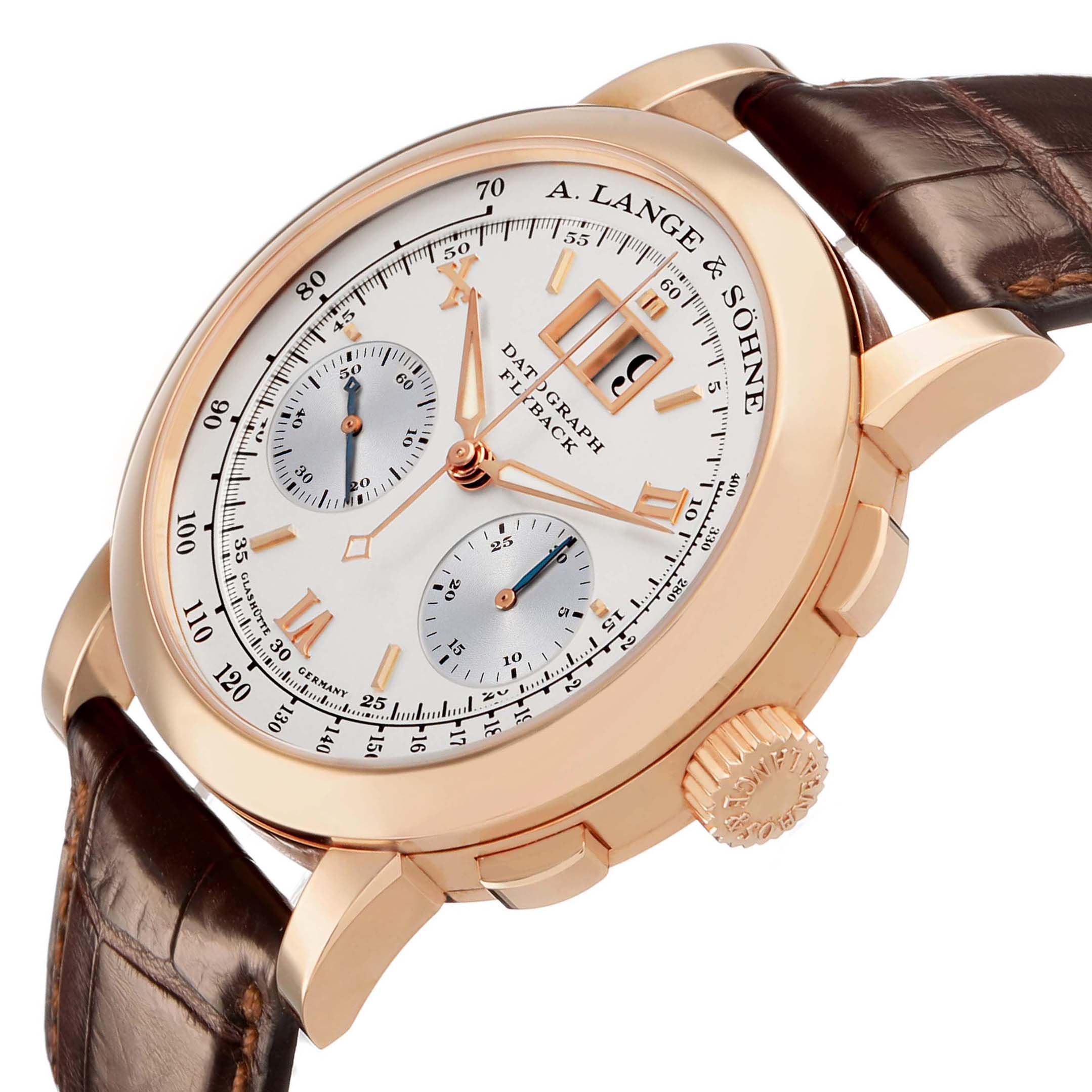 The A. Lange & Sohne Datograph 403.032 Men's Rose Gold Silver Dial watch is shown at a three-quarter angle, highlighting the dial, crown, and strap.