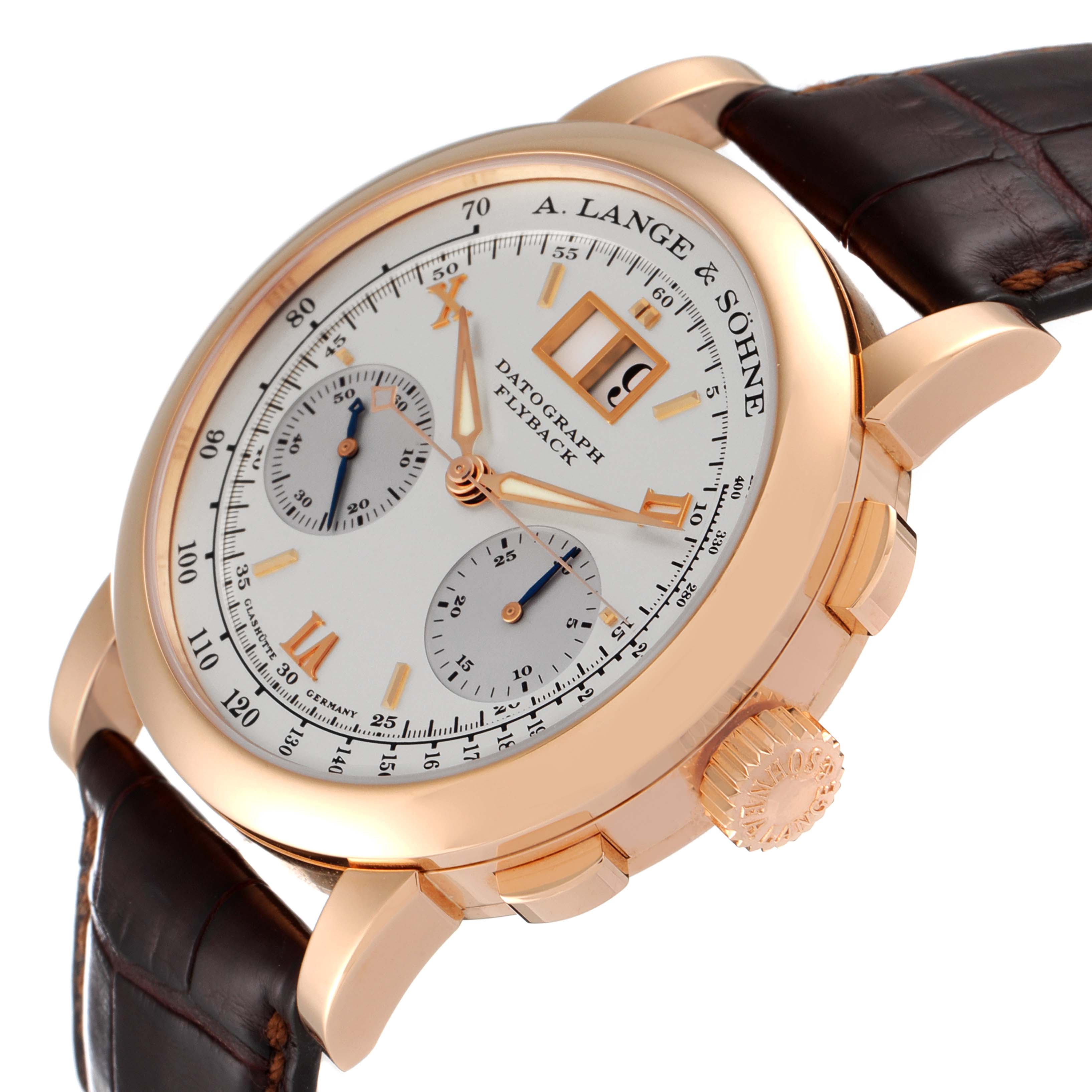 The image shows a close-up angled side view of the A. Lange & Sohne Datograph 403.032 Men's Rose Gold Silver Dial model, highlighting the crown, dial, and subdials.