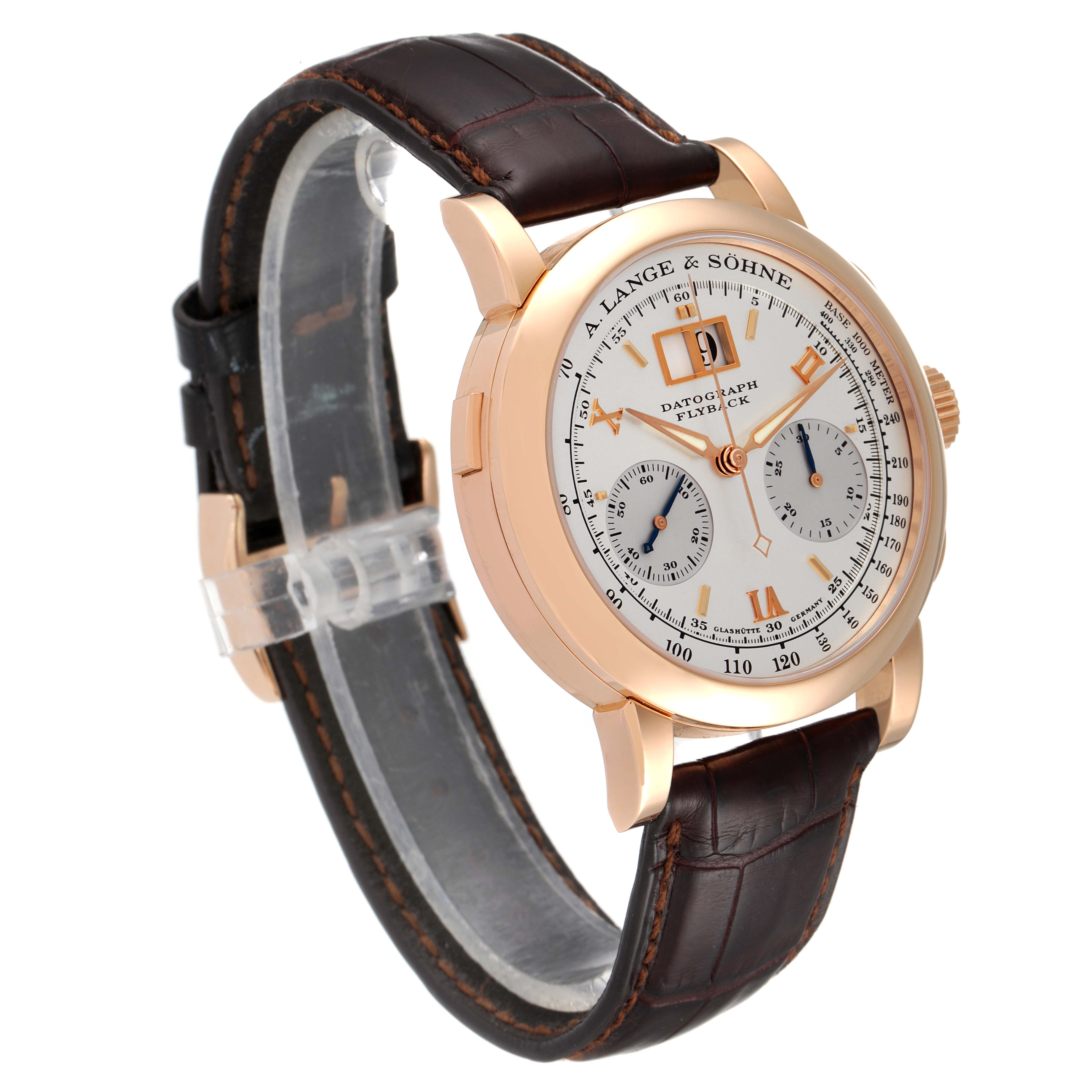 The image shows a A. Lange & Sohne Datograph model watch angled from the front left, displaying the face, case, and leather strap.