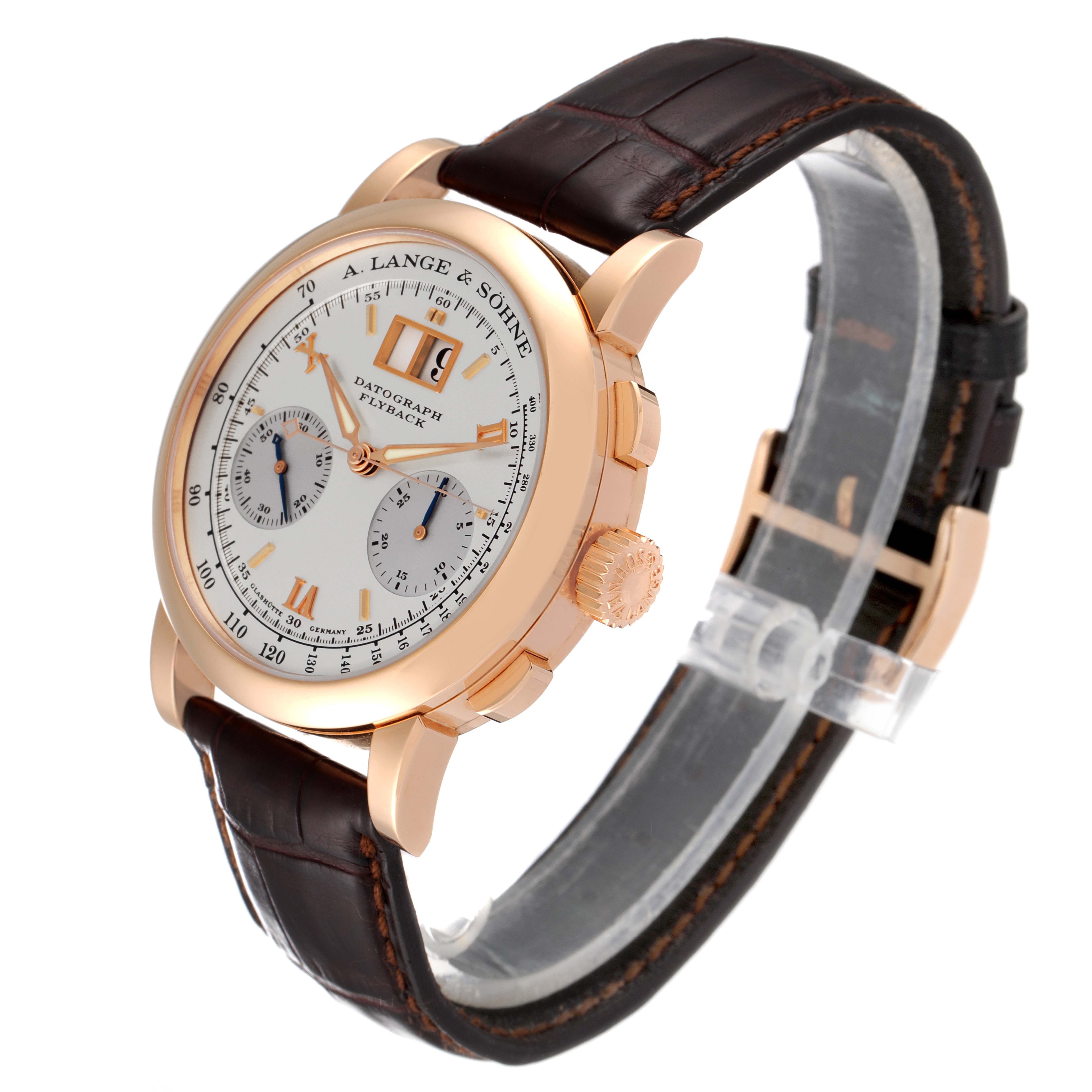 The image shows an angled view of an A. Lange & Sohne Datograph 403.032 Men's Rose Gold Silver Dial watch, highlighting the dial, crown, pushers, and leather strap.