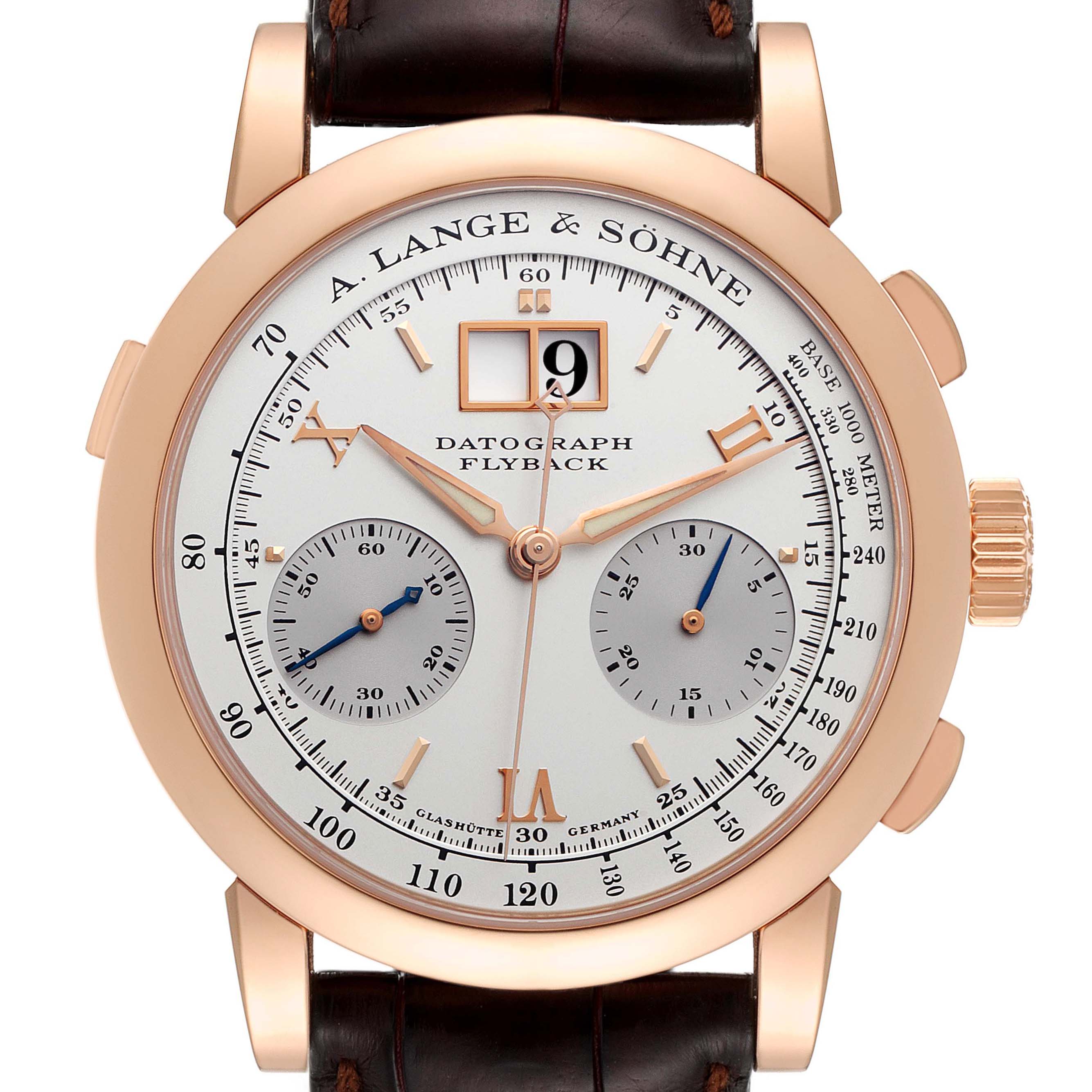 This image shows a front-facing view of the A. Lange & Sohne Datograph 403.032 Men's Rose Gold Silver Dial model watch, highlighting its dial, subdials, and the leather strap.
