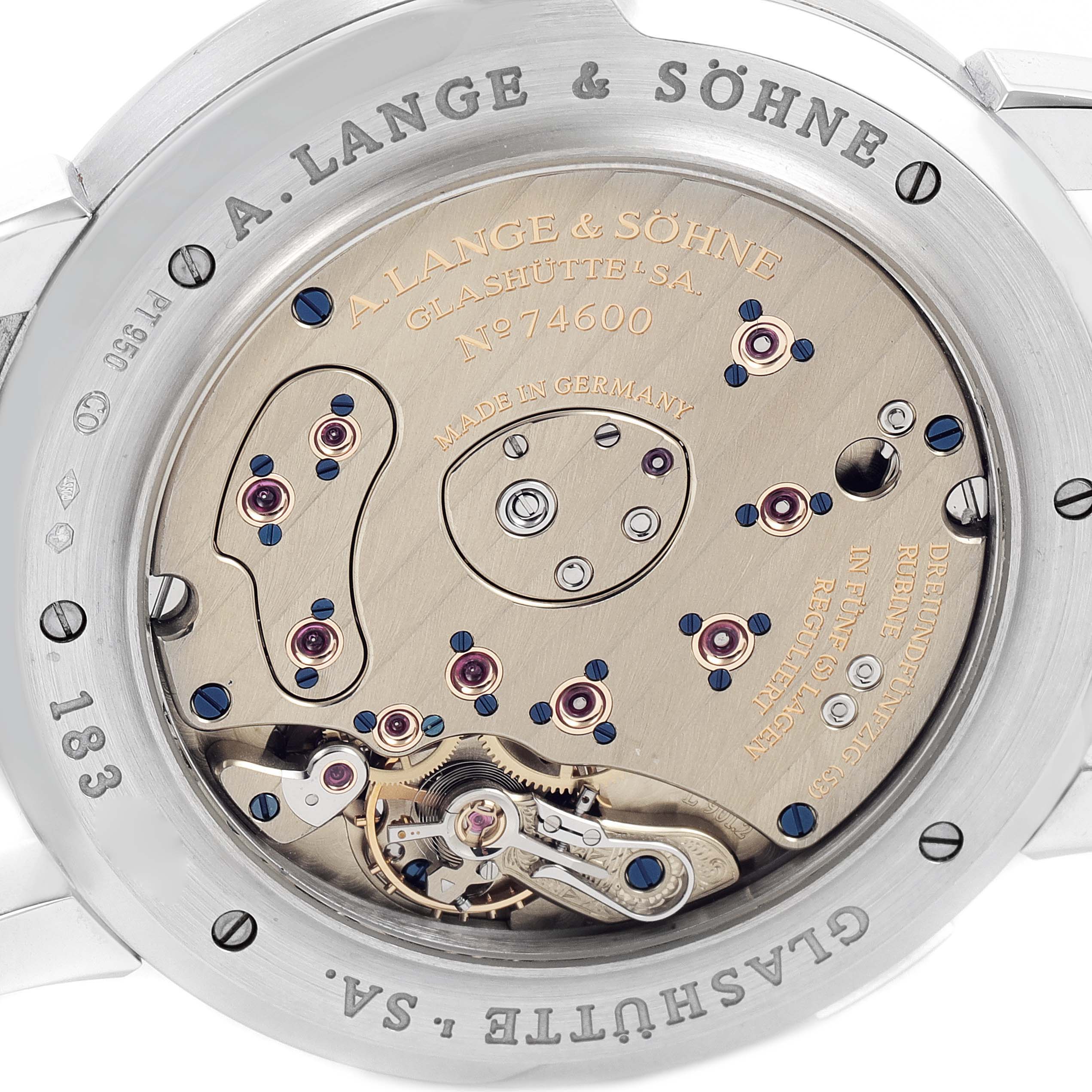 The image shows the rear view of the A. Lange & Sohne 115.026 Men's Titanium Silver Dial Grand Lange One Platinum Men's Watch 115.026, focusing on its intricate movement details.