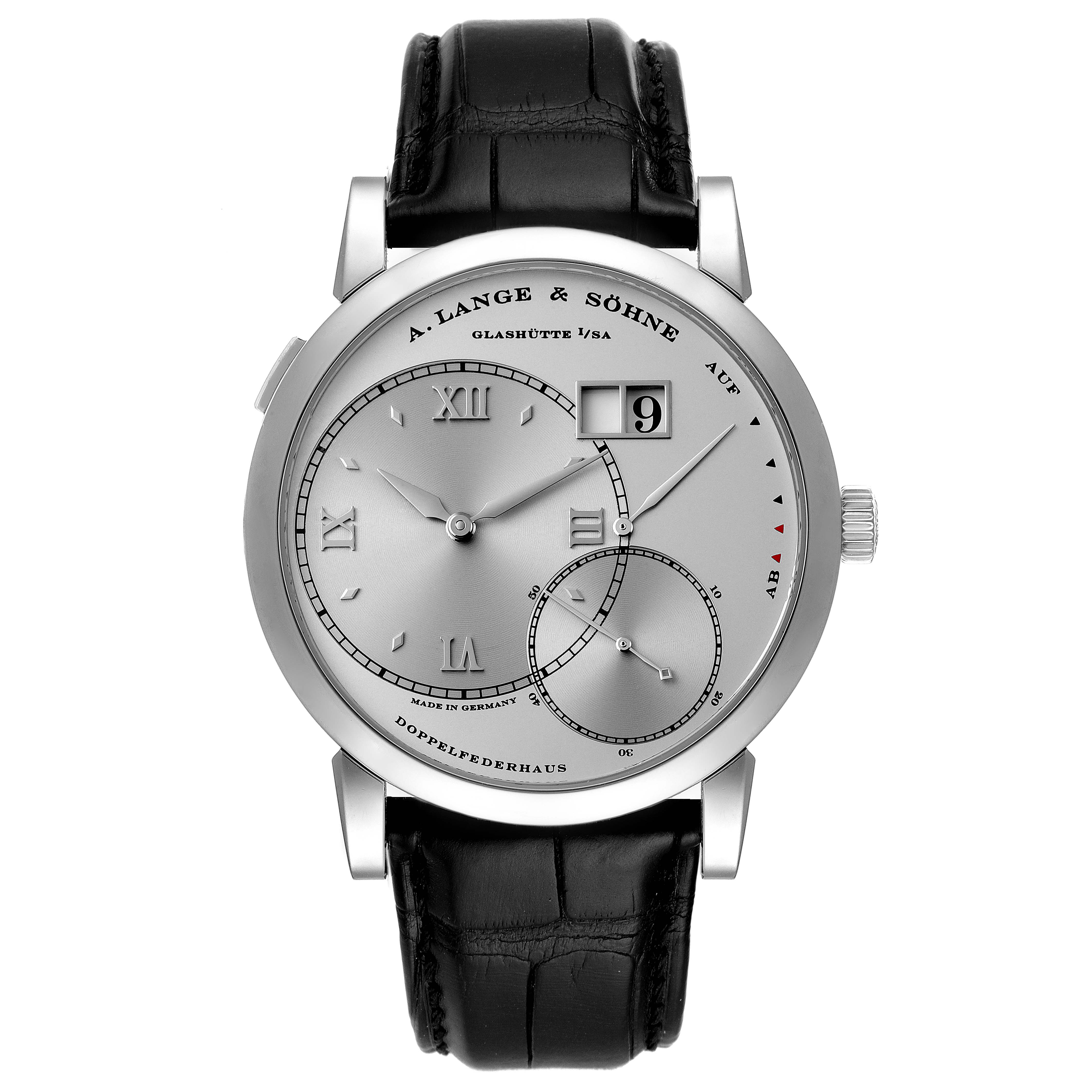 The image shows a front angle of the A. Lange & Sohne 115.026 Men's Titanium Silver Dial Grand Lange One Platinum Men's Watch 115.026, highlighting its dial and strap.