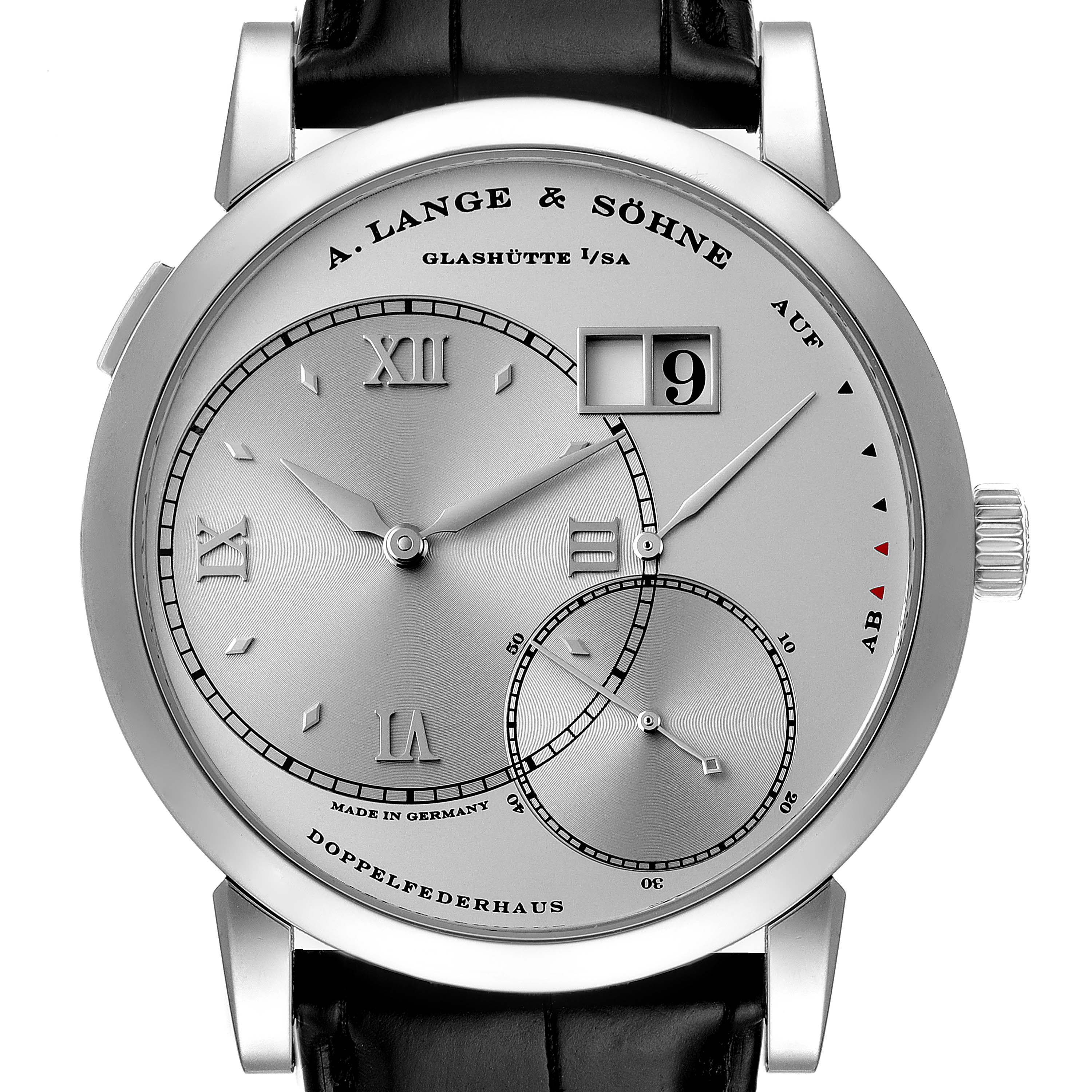 Front view of the A. Lange & Sohne Grand Lange One Platinum Men's Watch 115.026 showing the dial, hands, sub-dials, and crown.