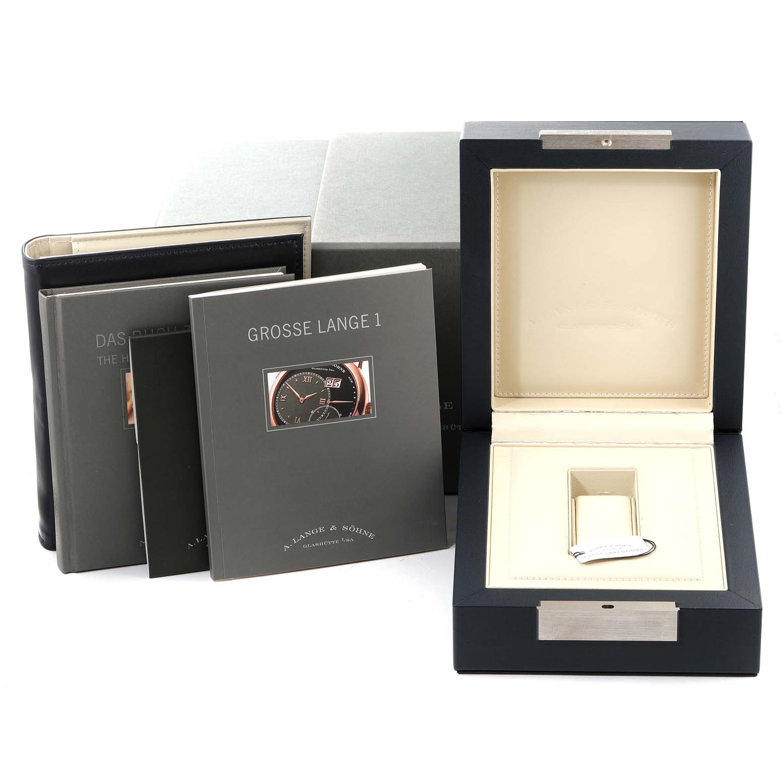 The image shows the box and papers for the A. Lange & Sohne Grand Lange One Platinum Men's Watch model 115.026.