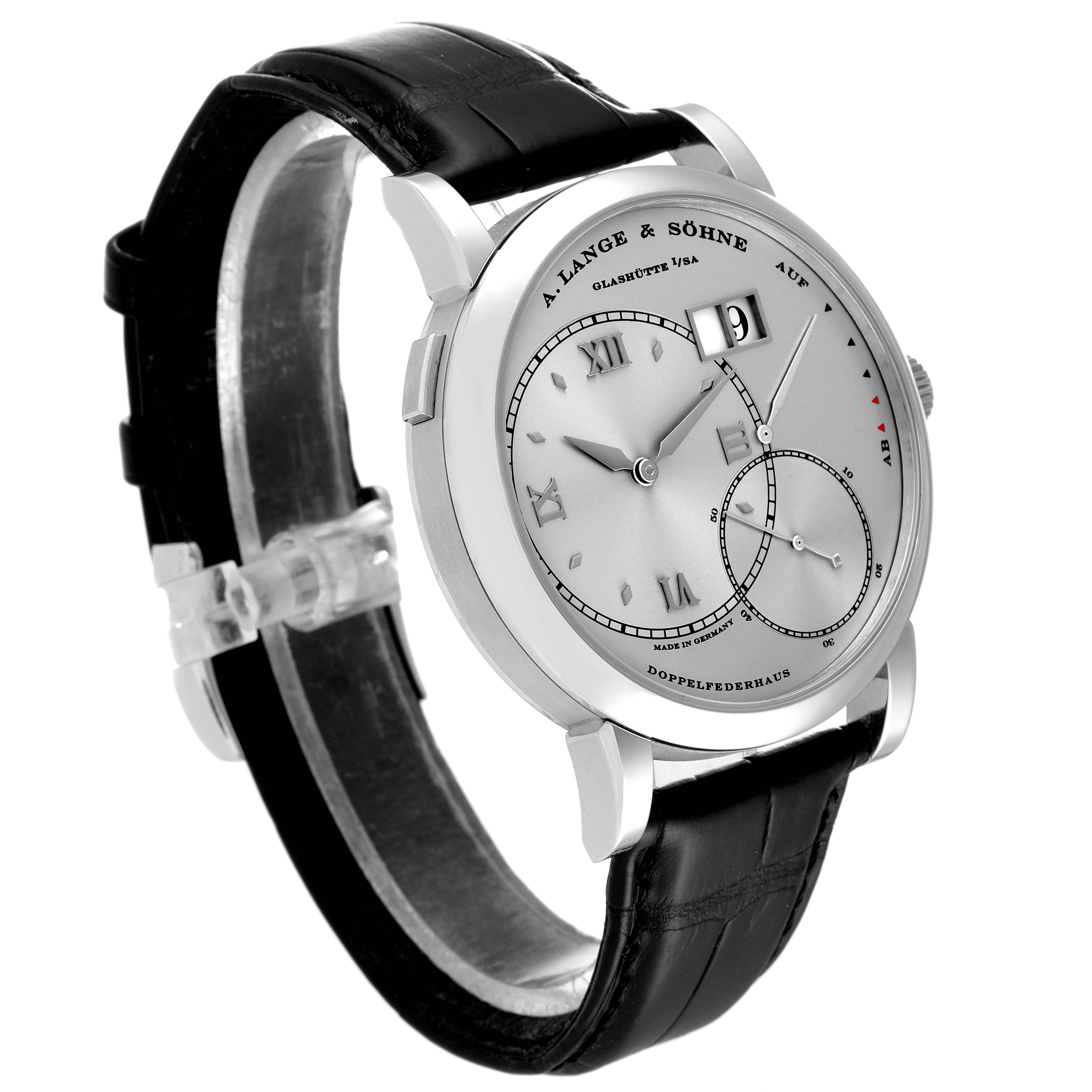 The A. Lange & Sohne 115.026 Men's Titanium Silver Dial Grand Lange One Platinum Mens Watch 115.026 is shown at a slight angle, displaying the face, case, and black leather strap.