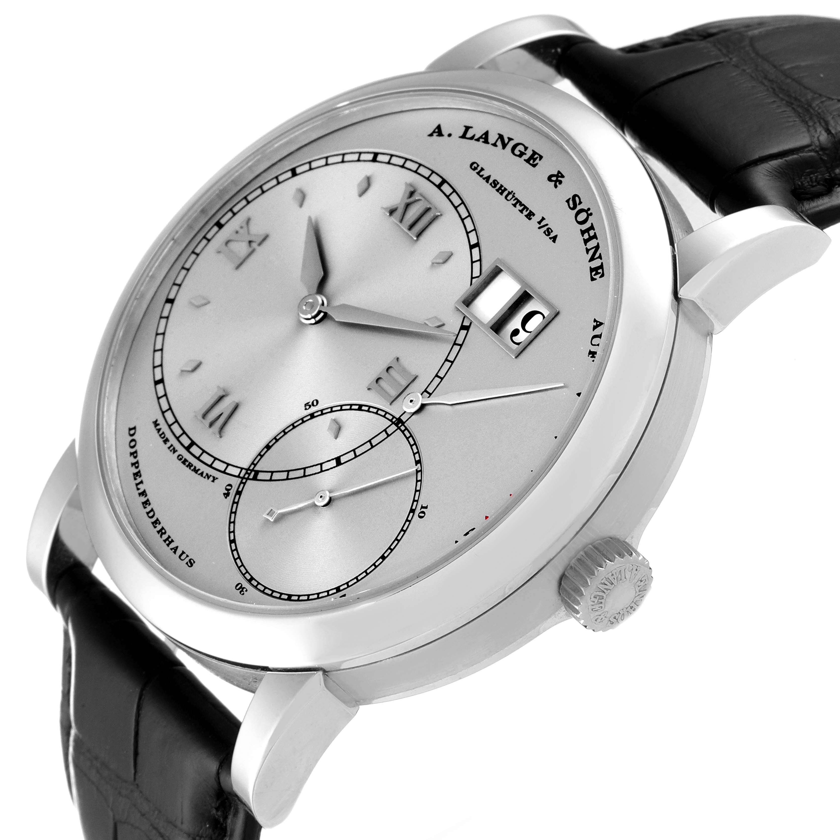 This image shows the A. Lange & Sohne 115.026 Men's Titanium Silver Dial Grand Lange One Platinum Men's Watch 115.026 from an angled side view, highlighting the face and crown.