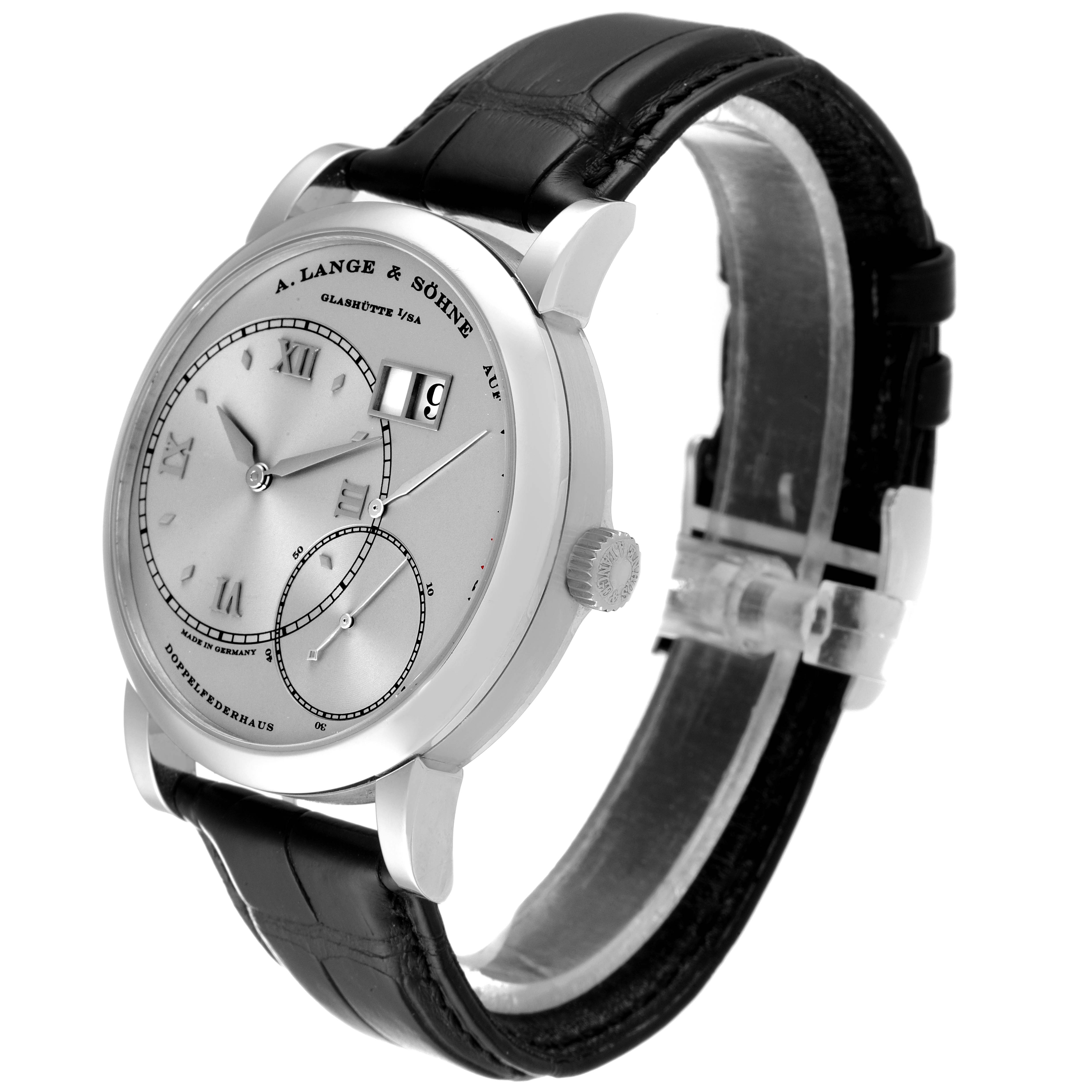 The A. Lange & Sohne 115.026 Men's Titanium Silver Dial Grand Lange One 115.026 watch is shown from a three-quarter angle, displaying its face, casing, and strap.