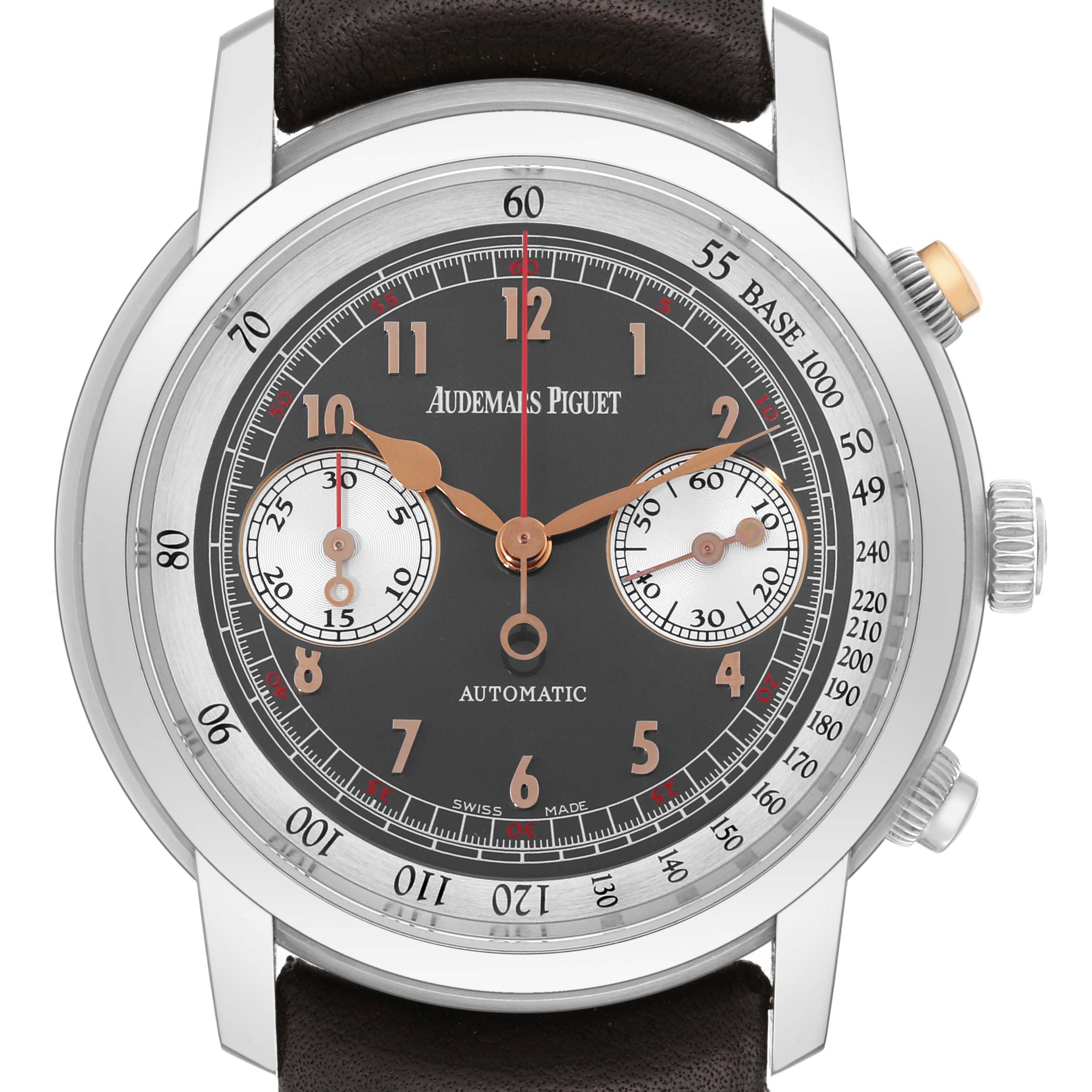 The image shows a front view of the Jules model watch by Audemars Piguet, highlighting its dial, hands, and chronograph subdials.