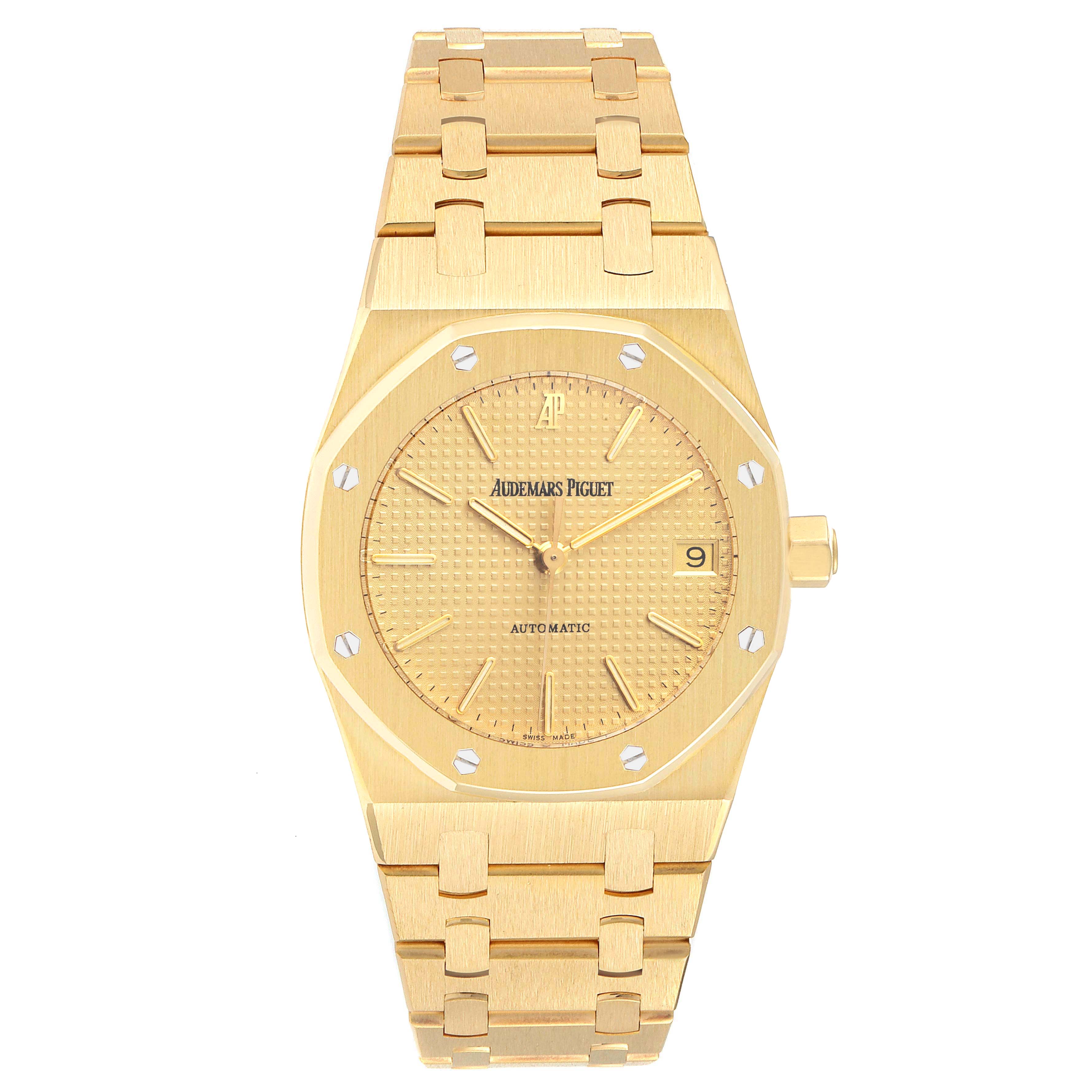 This image shows a frontal view of the Audemars Piguet Royal Oak 14790BA Men's Yellow Gold Champagne Dial 14790BA Men's Yellow Gold Champagne Dial watch, displaying the dial, bezel, crown, and bracelet.
