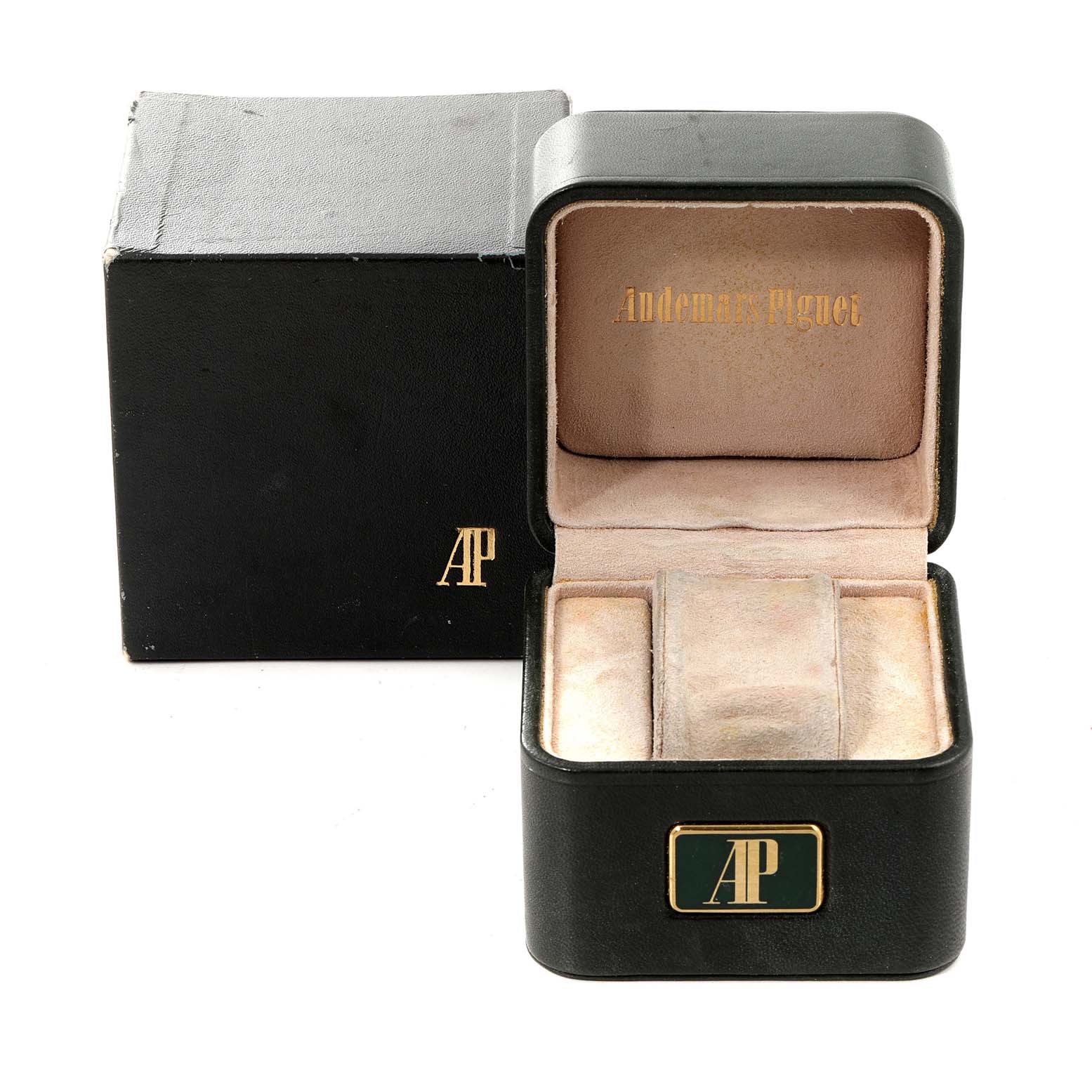 The image shows Audemars Piguet Royal Oak 14790BA Men's Yellow Gold Champagne Dial 14790BA Men's Yellow Gold Champagne Dial watch boxes from a front angle, including both the inner and outer boxes with logos.