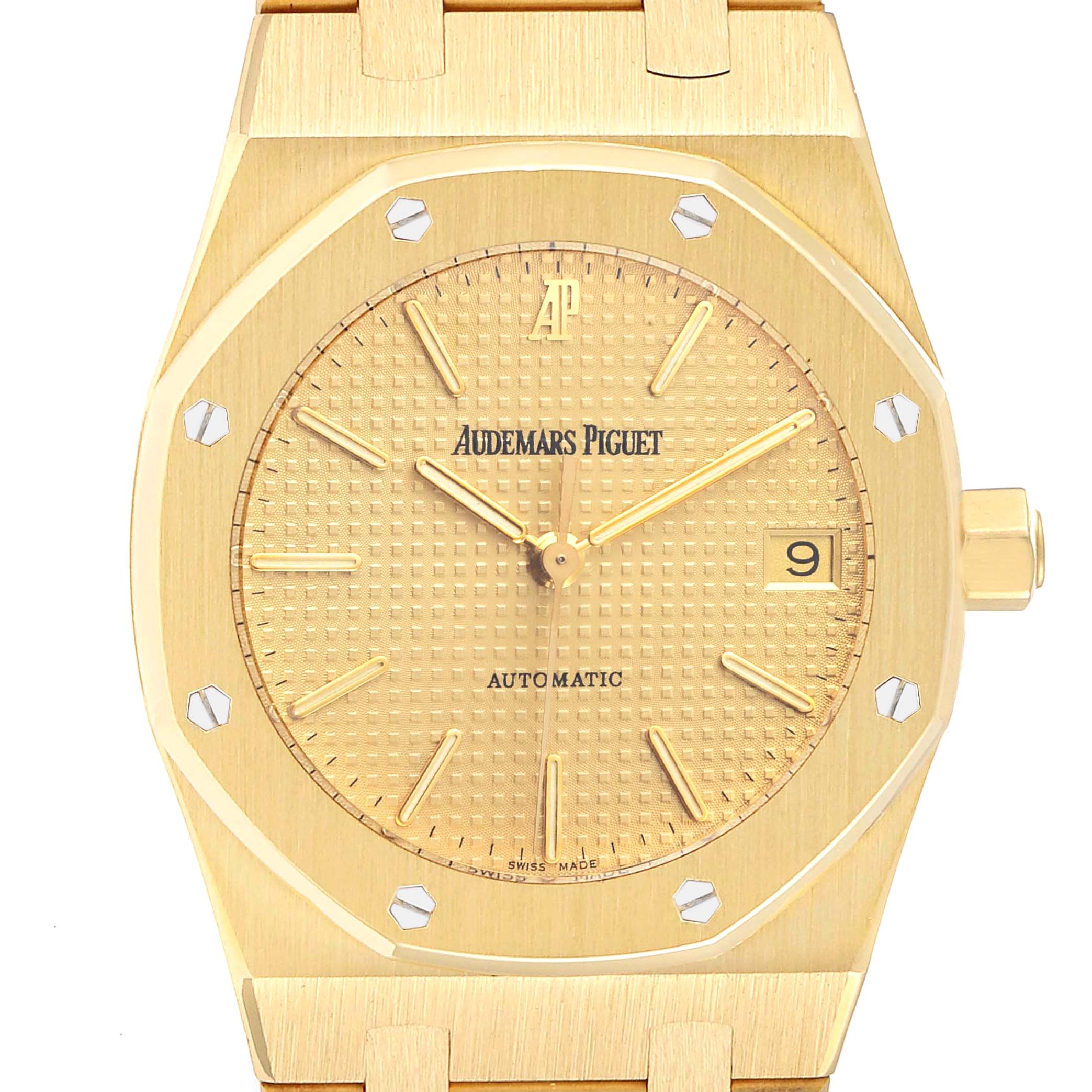The image shows a front view of a golden Audemars Piguet Royal Oak 14790BA Men's Yellow Gold Champagne Dial 14790BA Men's Yellow Gold Champagne Dial watch, highlighting the dial, bezel, and crown.