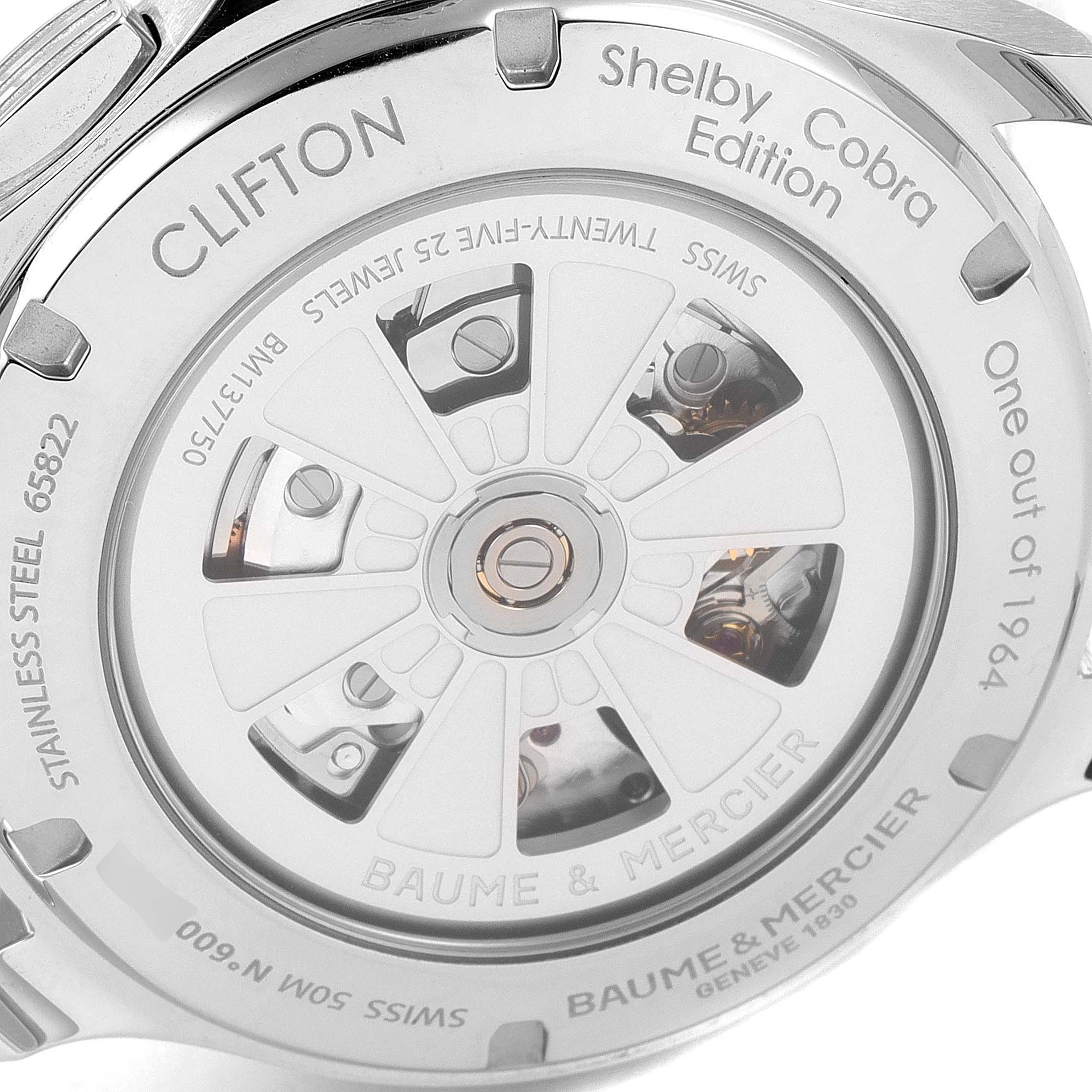This image shows the back view of the Baume & Mercier Clifton M0A10342 Men's Stainless Steel Silver Dial M0A10342 Men's Stainless Steel Silver Dial watch, displaying its inner mechanics and engravings.