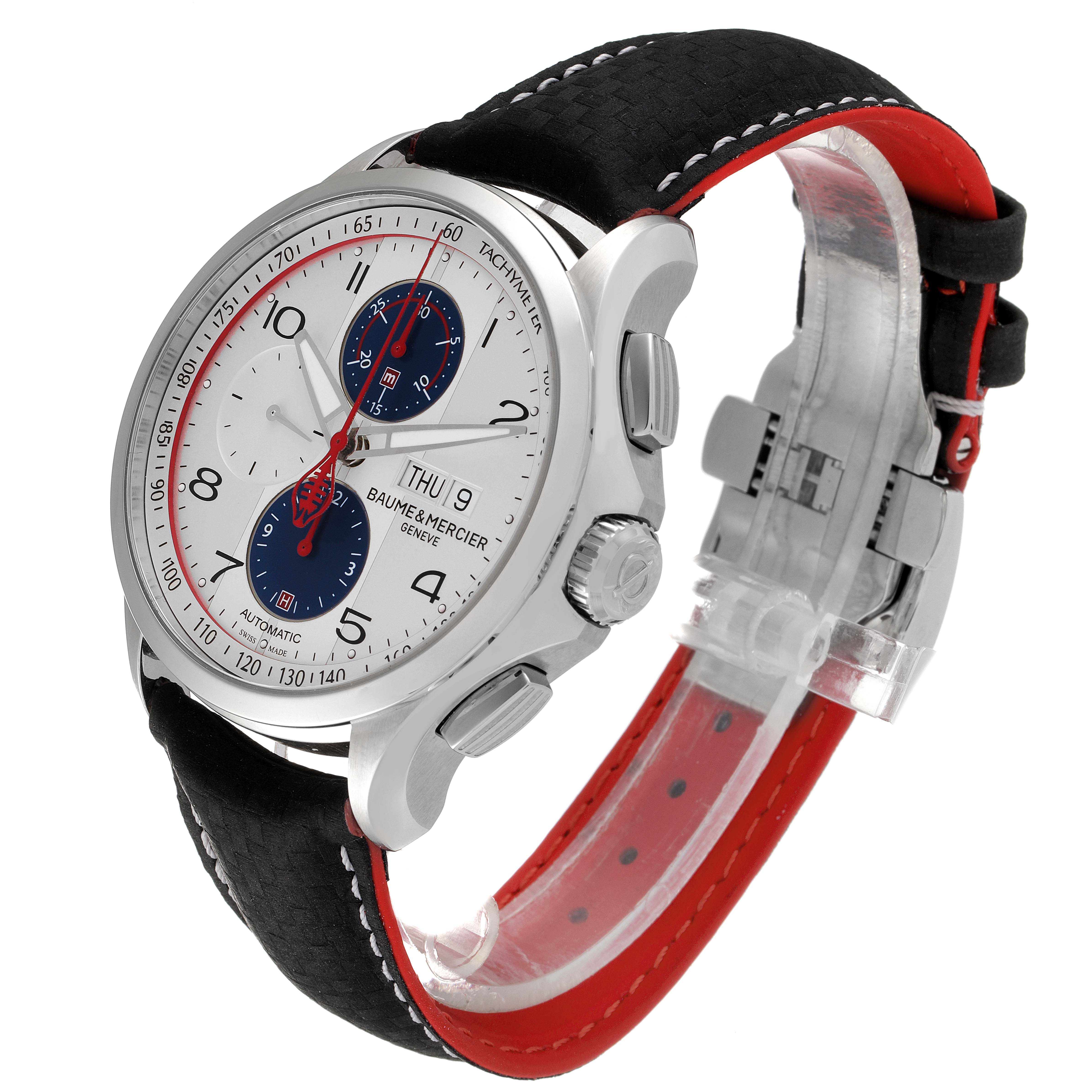 The Baume & Mercier Clifton M0A10342 Men's Stainless Steel Silver Dial M0A10342 Men's Stainless Steel Silver Dial watch is shown at a three-quarter angle, displaying the dial, crown, pushers, and strap.