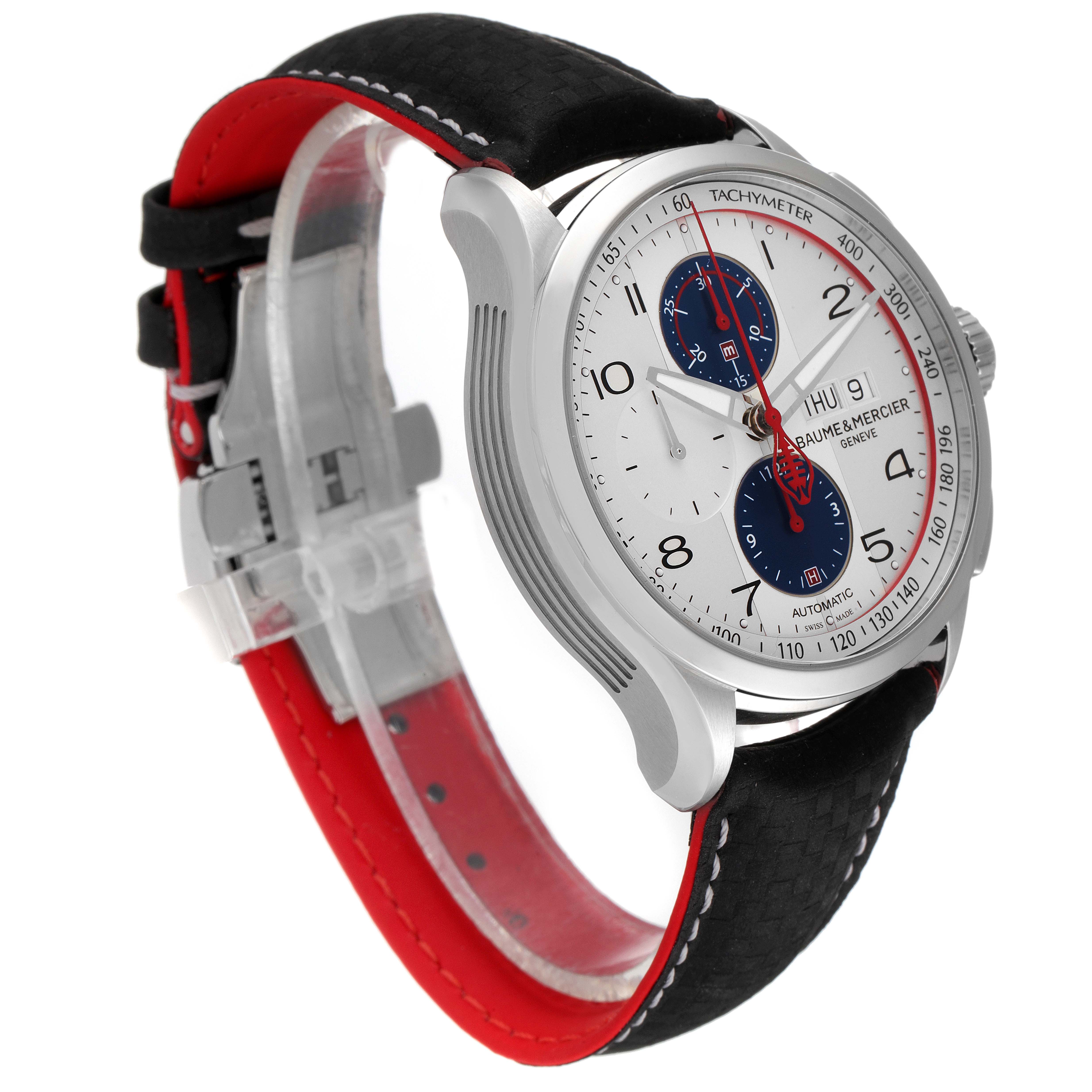 The Baume & Mercier Clifton M0A10342 Men's Stainless Steel Silver Dial M0A10342 Men's Stainless Steel Silver Dial watch is shown from an angled side view, highlighting its face, bezel, crown, and strap.