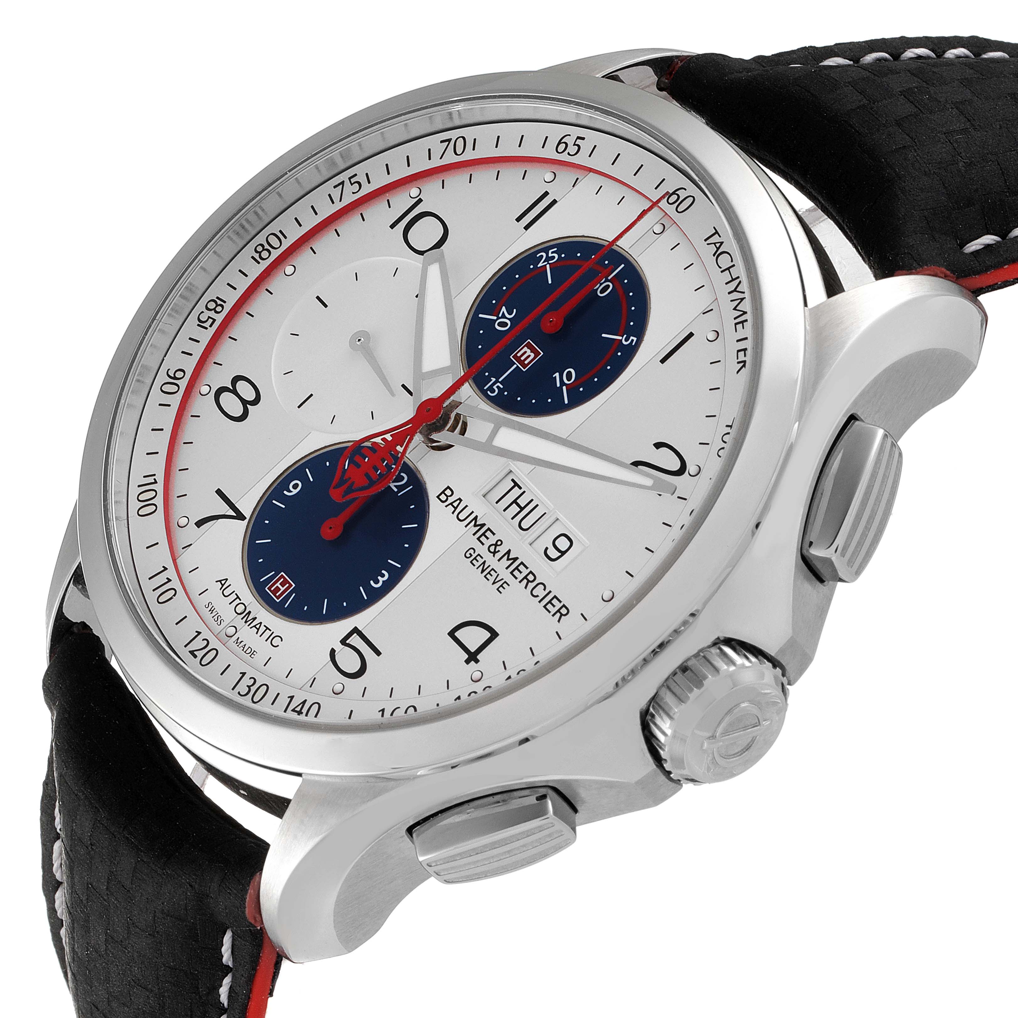 This image shows the face and side angle of the Baume & Mercier Clifton M0A10342 Men's Stainless Steel Silver Dial M0A10342 Men's Stainless Steel Silver Dial watch with a black strap.