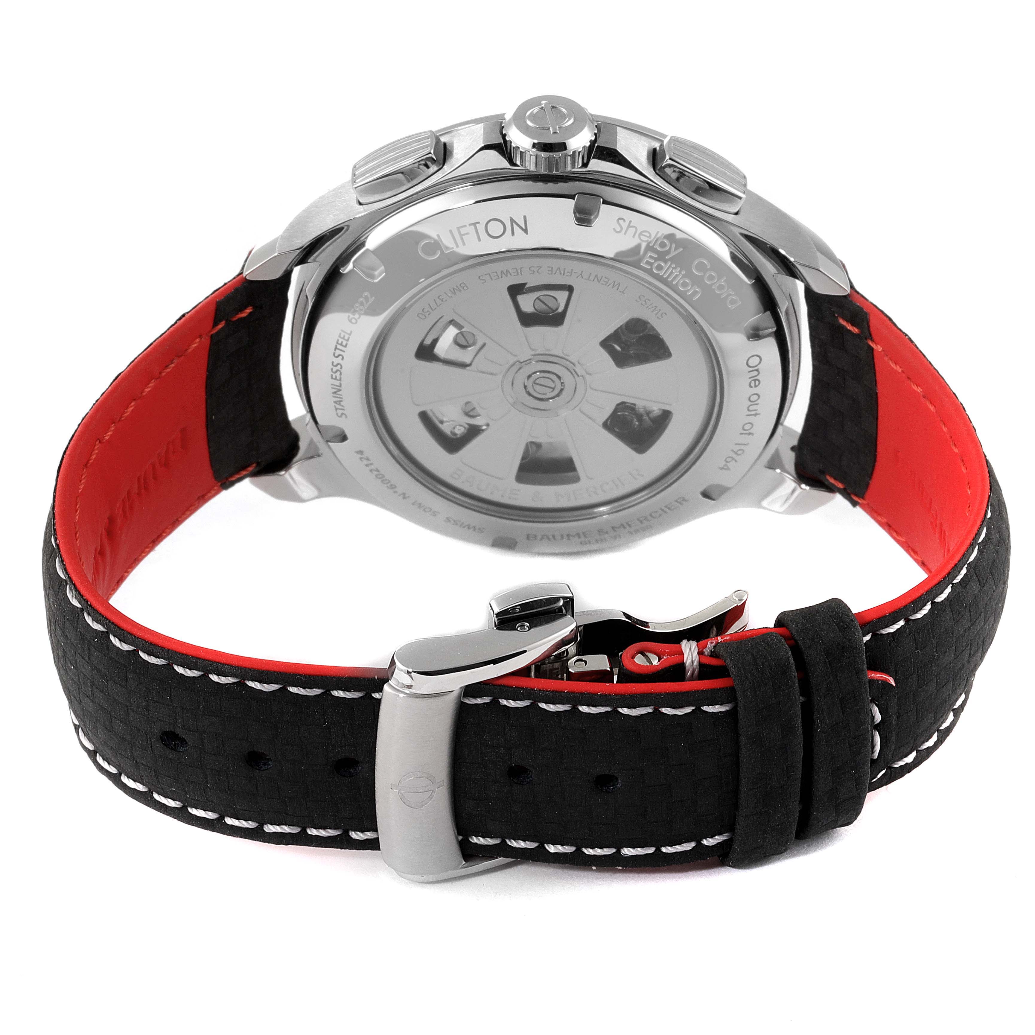 This image shows the backside angle of a Baume & Mercier Clifton M0A10342 Men's Stainless Steel Silver Dial M0A10342 Men's Stainless Steel Silver Dial model watch, showcasing the case back and partially opened leather strap.