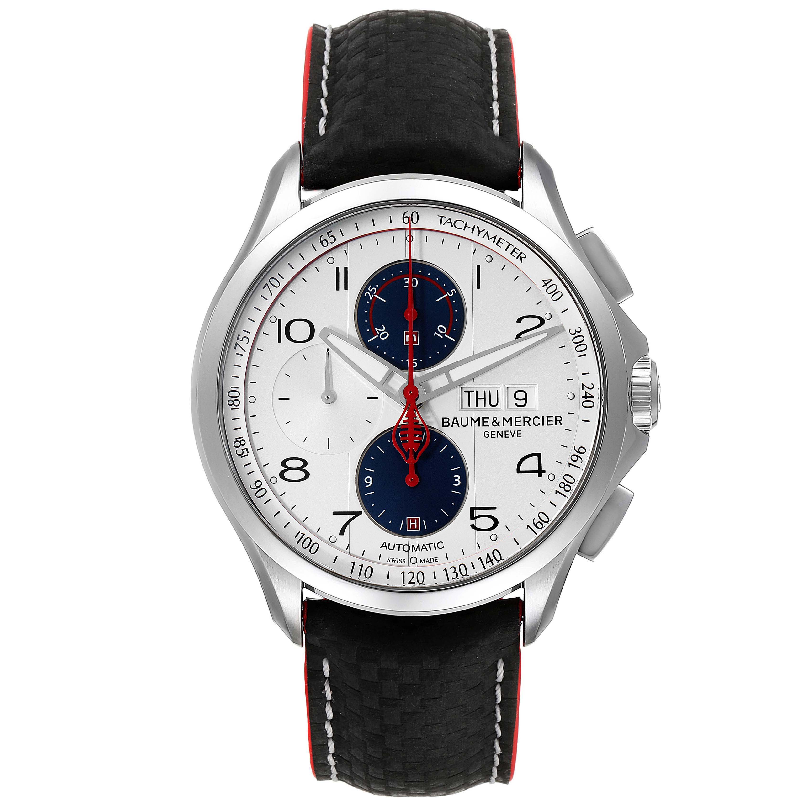 The image shows a front view of the Baume & Mercier Clifton M0A10342 Men's Stainless Steel Silver Dial M0A10342 Men's Stainless Steel Silver Dial watch displaying the dial, tachymeter, and strap.