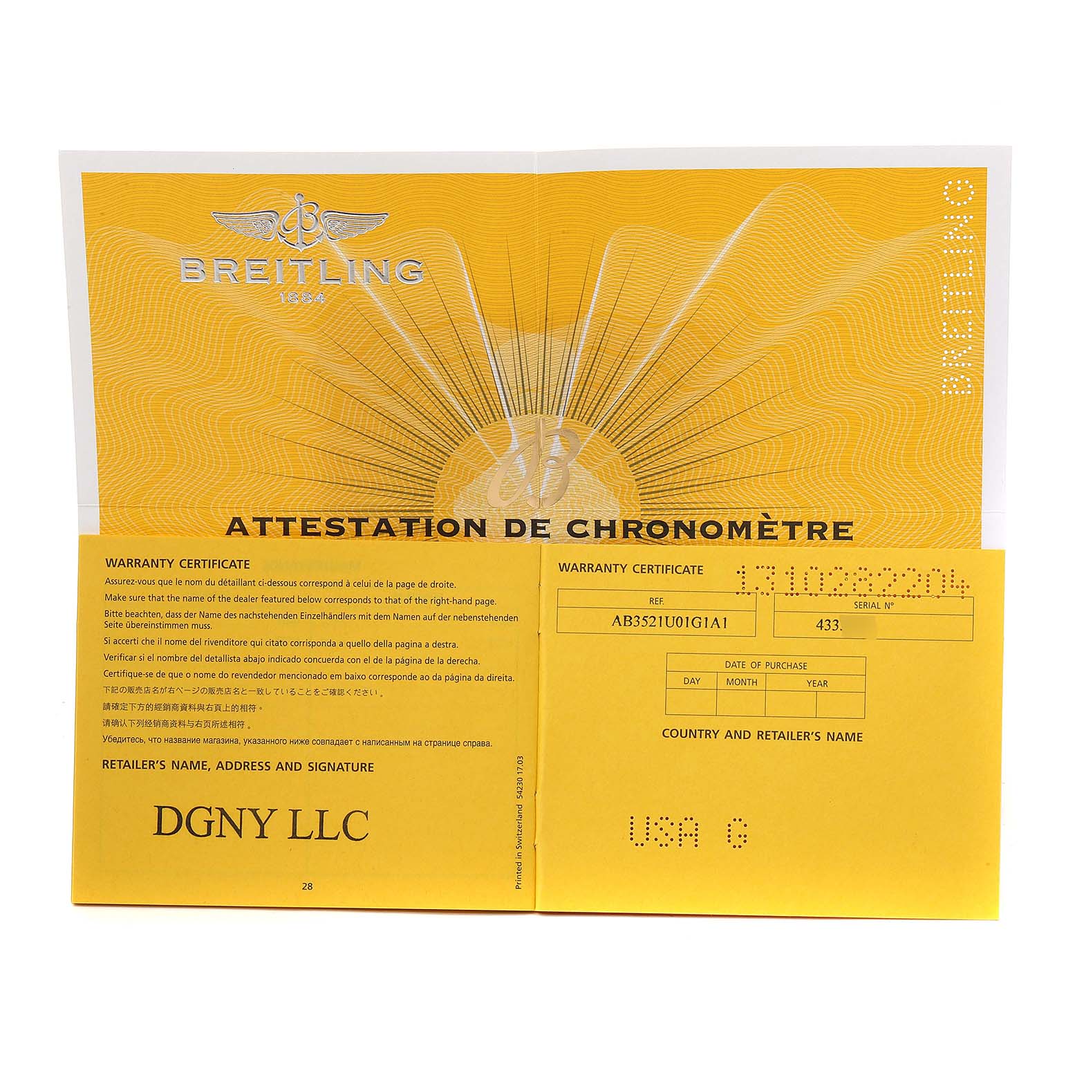 The image shows a warranty certificate for a Breitling Navitimer watch, opened flat and viewed from above.