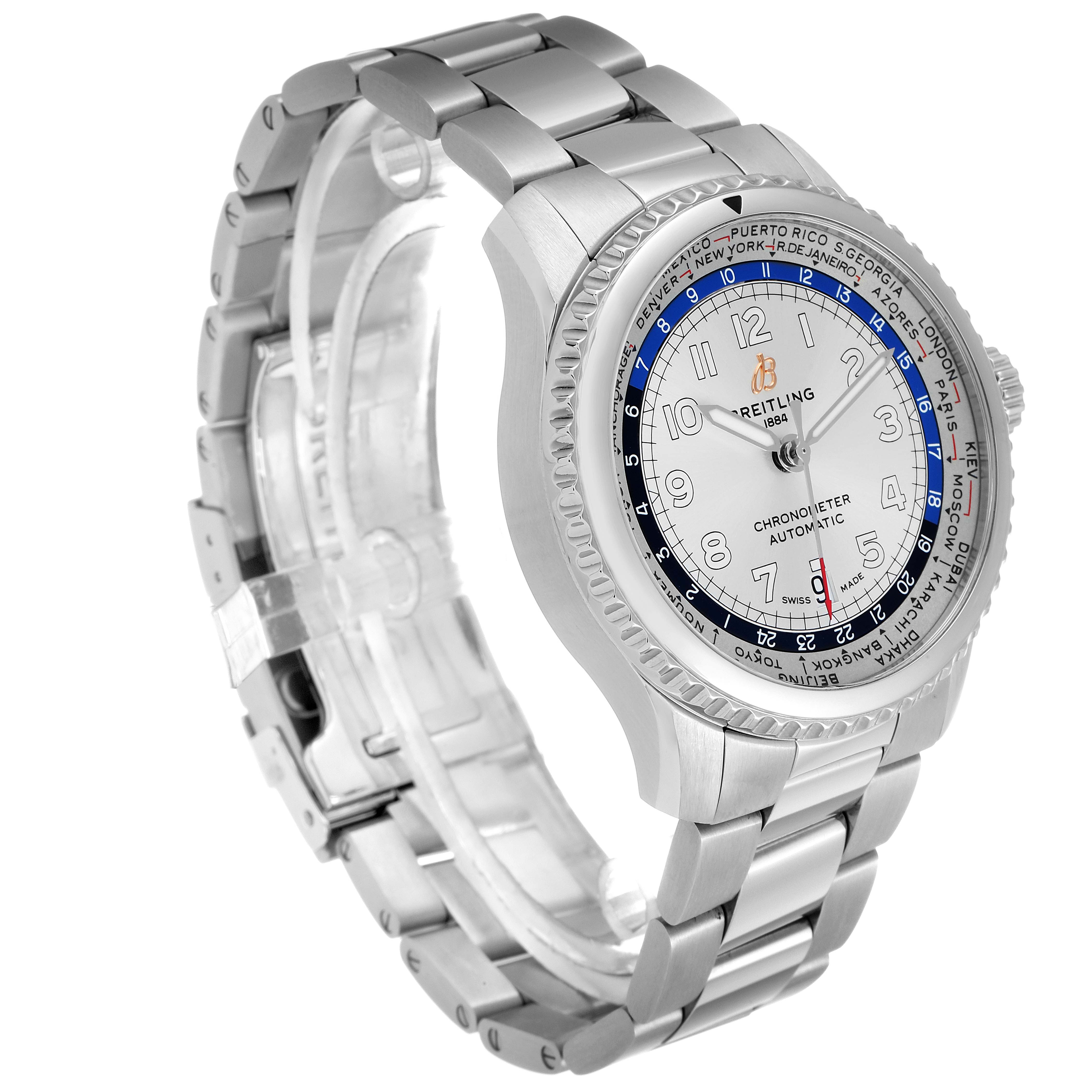 The image shows a Breitling Navitimer watch at a slight angle, displaying its face, bezel, and stainless steel bracelet.