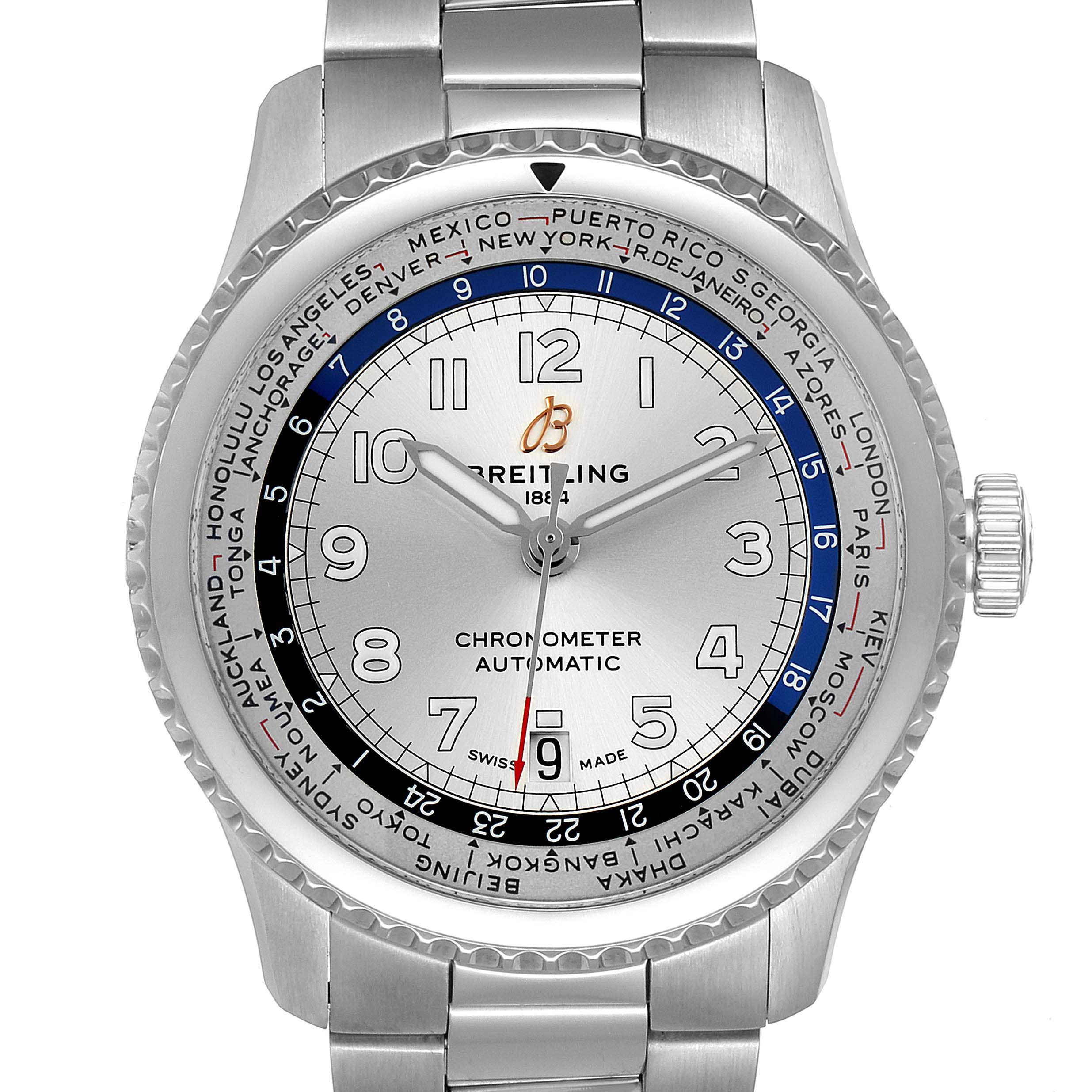 The Breitling Aviator AB3521U01G1P1 Men's Stainless Steel Silver Dial AB3521U01G1P1 Men's Stainless Steel Silver Dial watch is shown from a top-down angle, displaying the entire face and part of the bracelet.