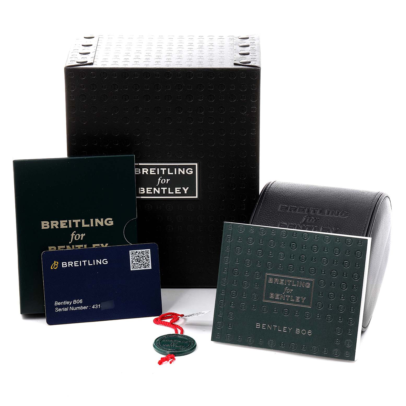 The image shows the packaging and accessories for the Bentley model by Breitling, including a box, instructions, a card, and a case.