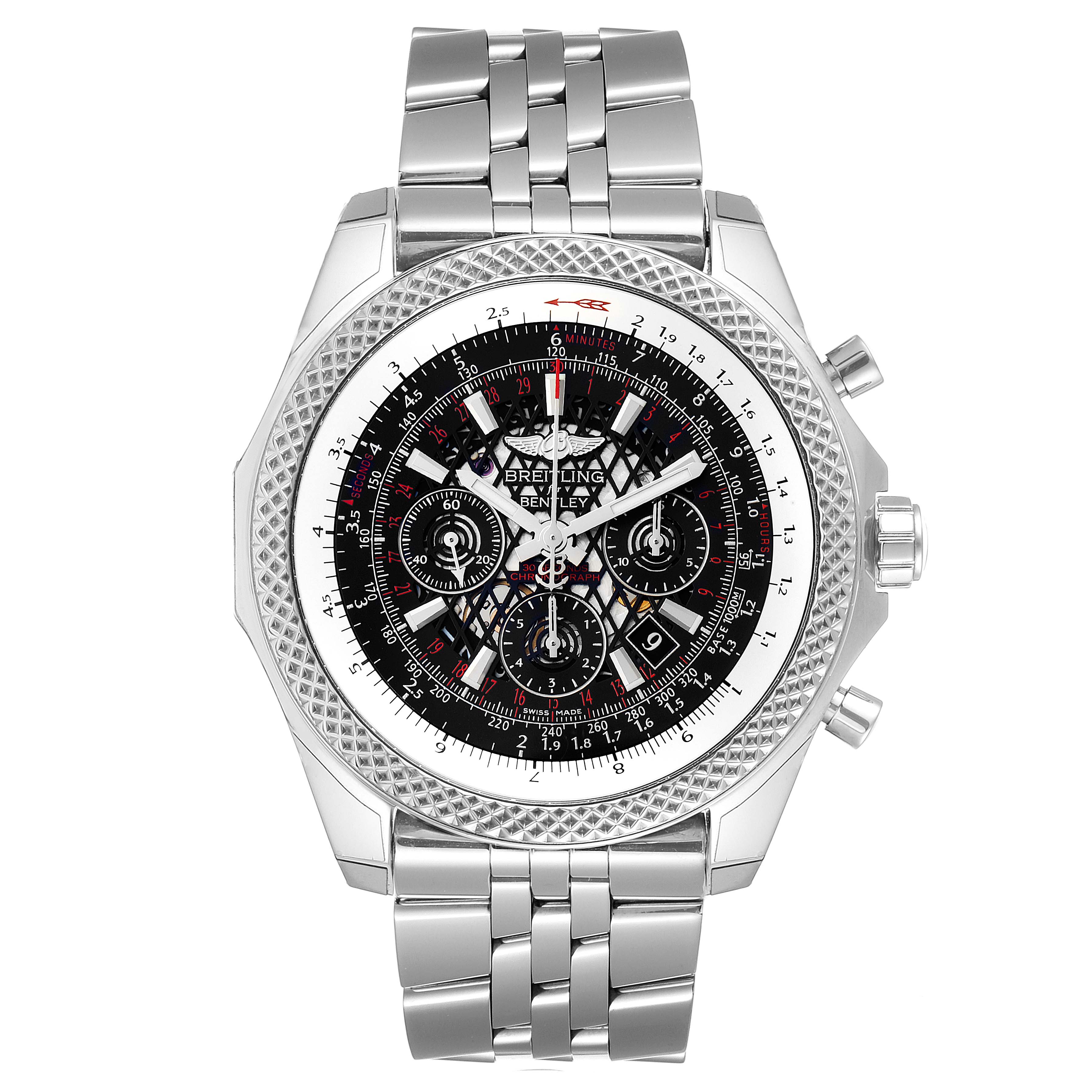 The image shows a front view of the Breitling Bentley AB061112.BD80.990A Men
s Stainless Steel Black Dial AB061112.BD80.990A Men
s Stainless Steel Black Dial model watch, highlighting its detailed dial and stainless steel bracelet.