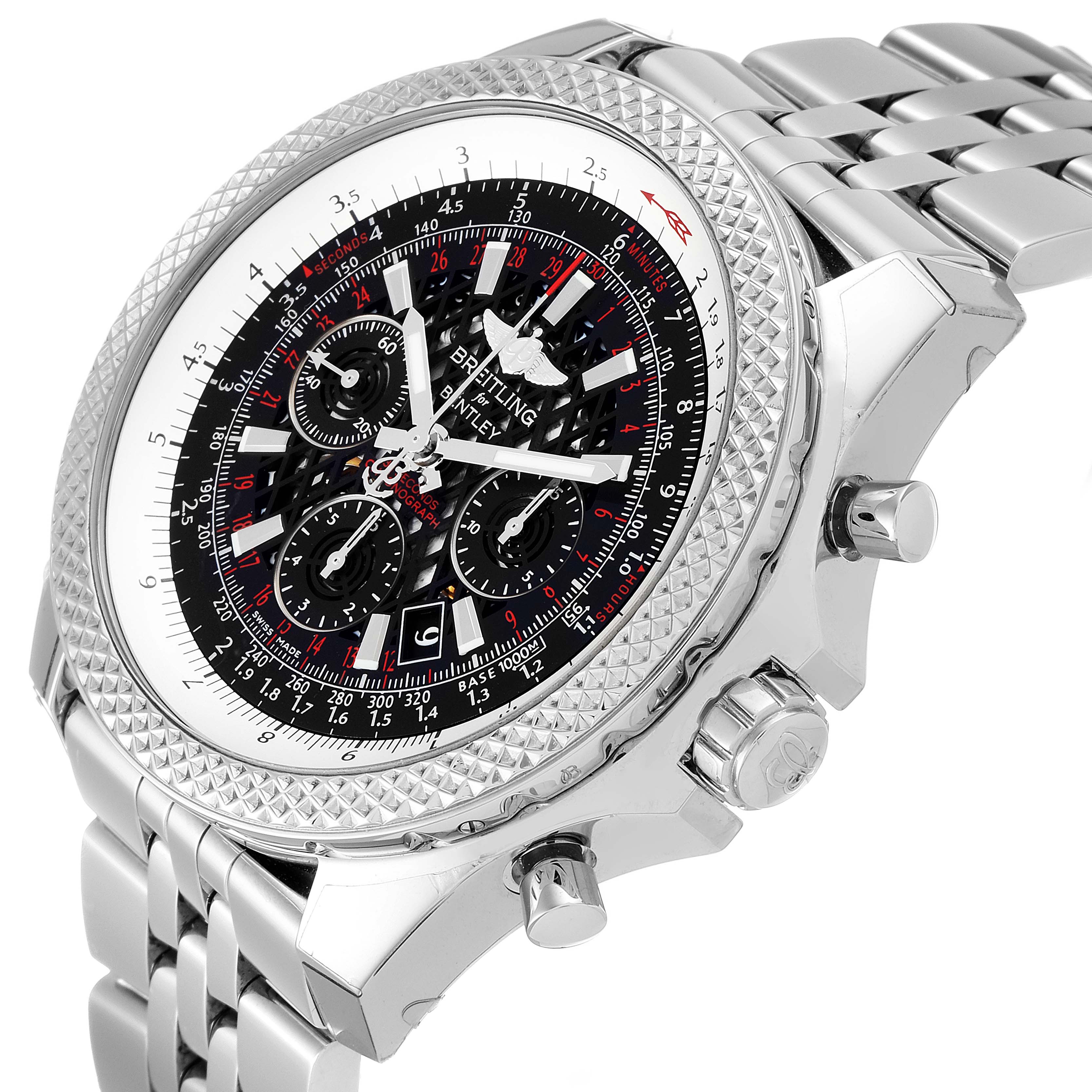 This image shows a side-angle view of a Breitling Bentley AB061112.BD80.990A Men
s Stainless Steel Black Dial AB061112.BD80.990A Men
s Stainless Steel Black Dial model watch, highlighting the dial, bezel, and part of the bracelet.