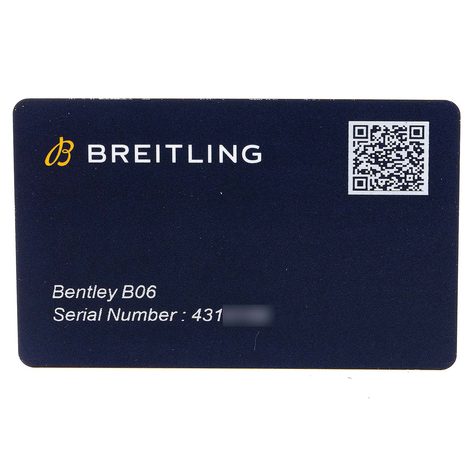 This image shows a Breitling Bentley AB061112.BD80.990A Men
s Stainless Steel Black Dial AB061112.BD80.990A Men
s Stainless Steel Black Dial B06 watch warranty card with a serial number and a QR code.