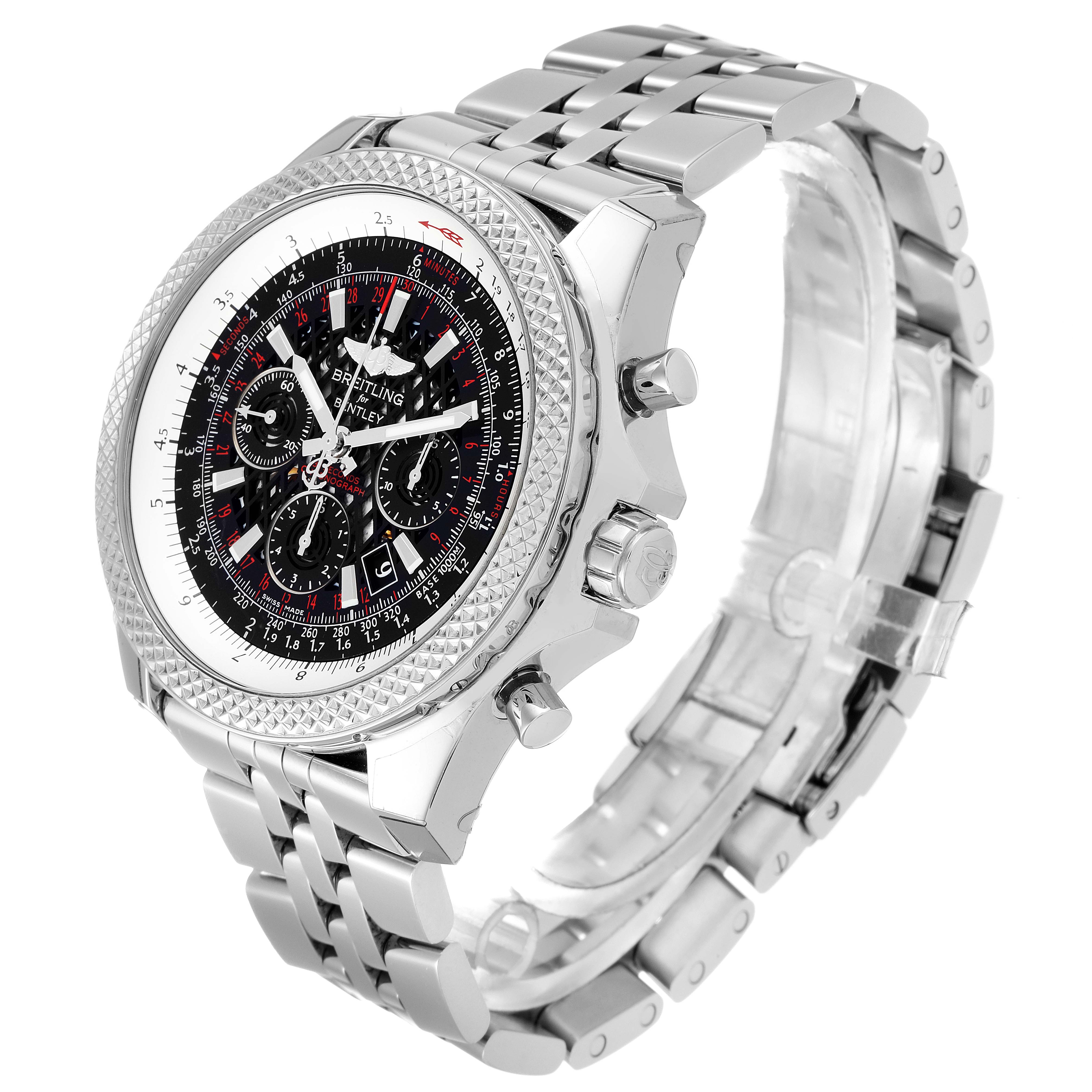 The image shows a Breitling Bentley AB061112.BD80.990A Men
s Stainless Steel Black Dial AB061112.BD80.990A Men
s Stainless Steel Black Dial watch from a three-quarter angle, highlighting the face, bezel, side buttons, and bracelet.