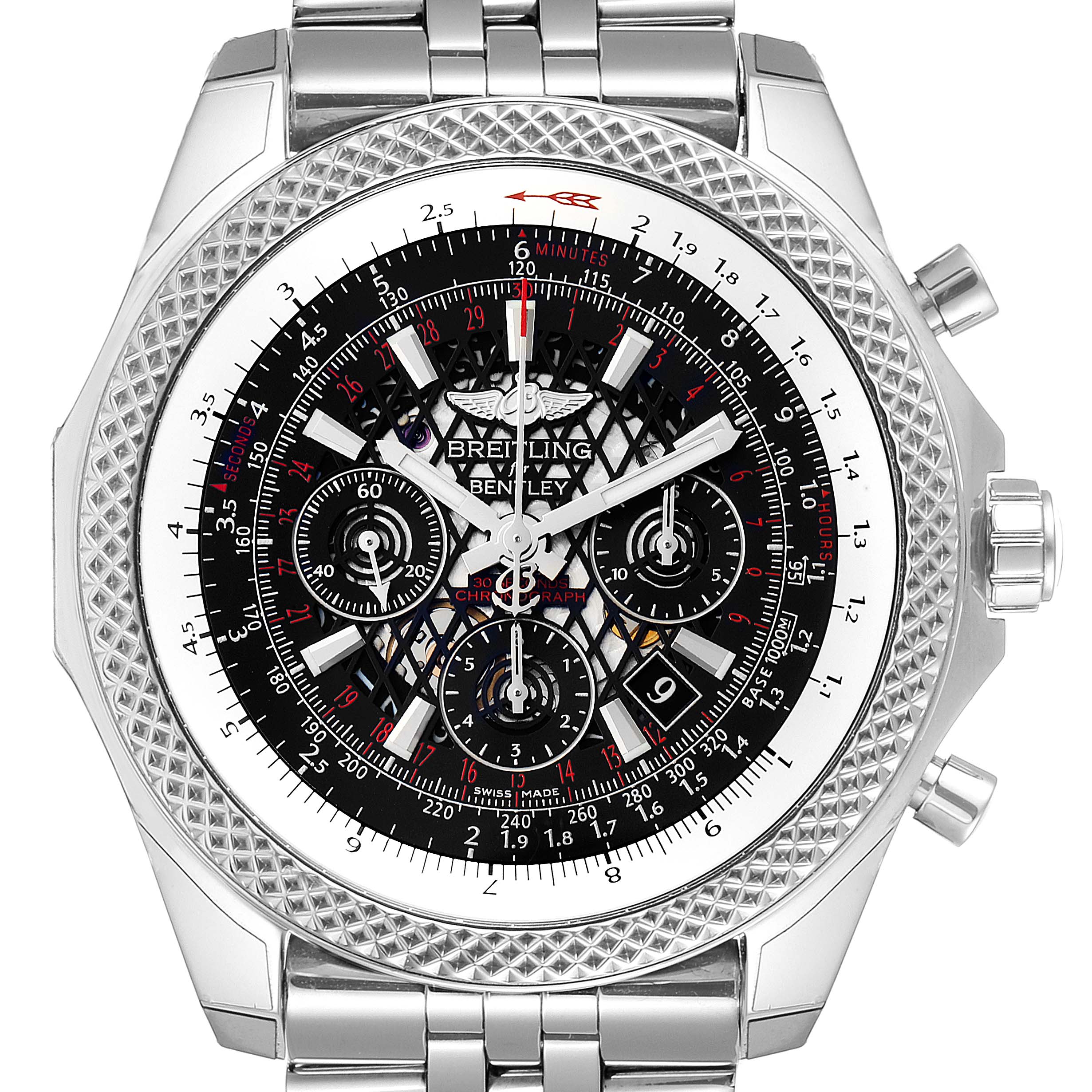 The Breitling Bentley AB061112.BD80.990A Men
s Stainless Steel Black Dial AB061112.BD80.990A Men
s Stainless Steel Black Dial watch is shown from the front, displaying the dial, bezel, and chronograph subdials.