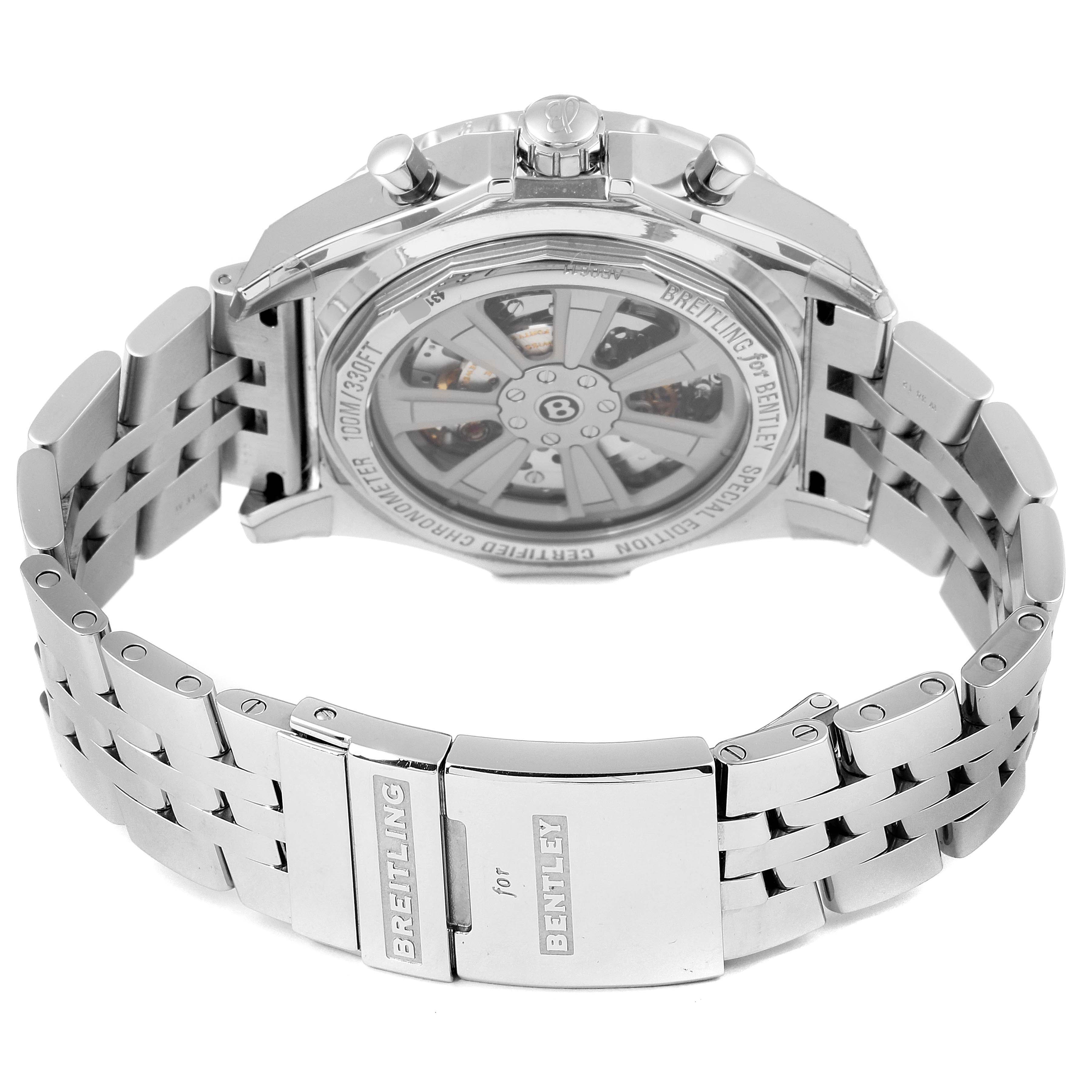 The image shows the back view of a Breitling for Bentley watch, highlighting the case back, crown, pushers, and metal bracelet.