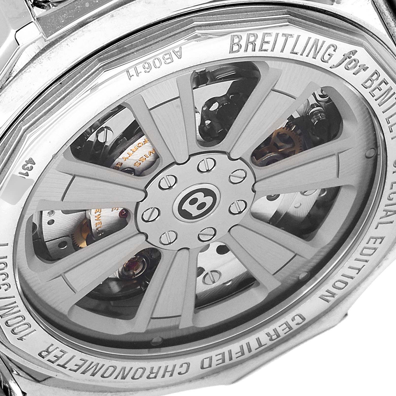 The image shows the back of the Bentley model by Breitling watch, highlighting its intricate rotor design and engravings.