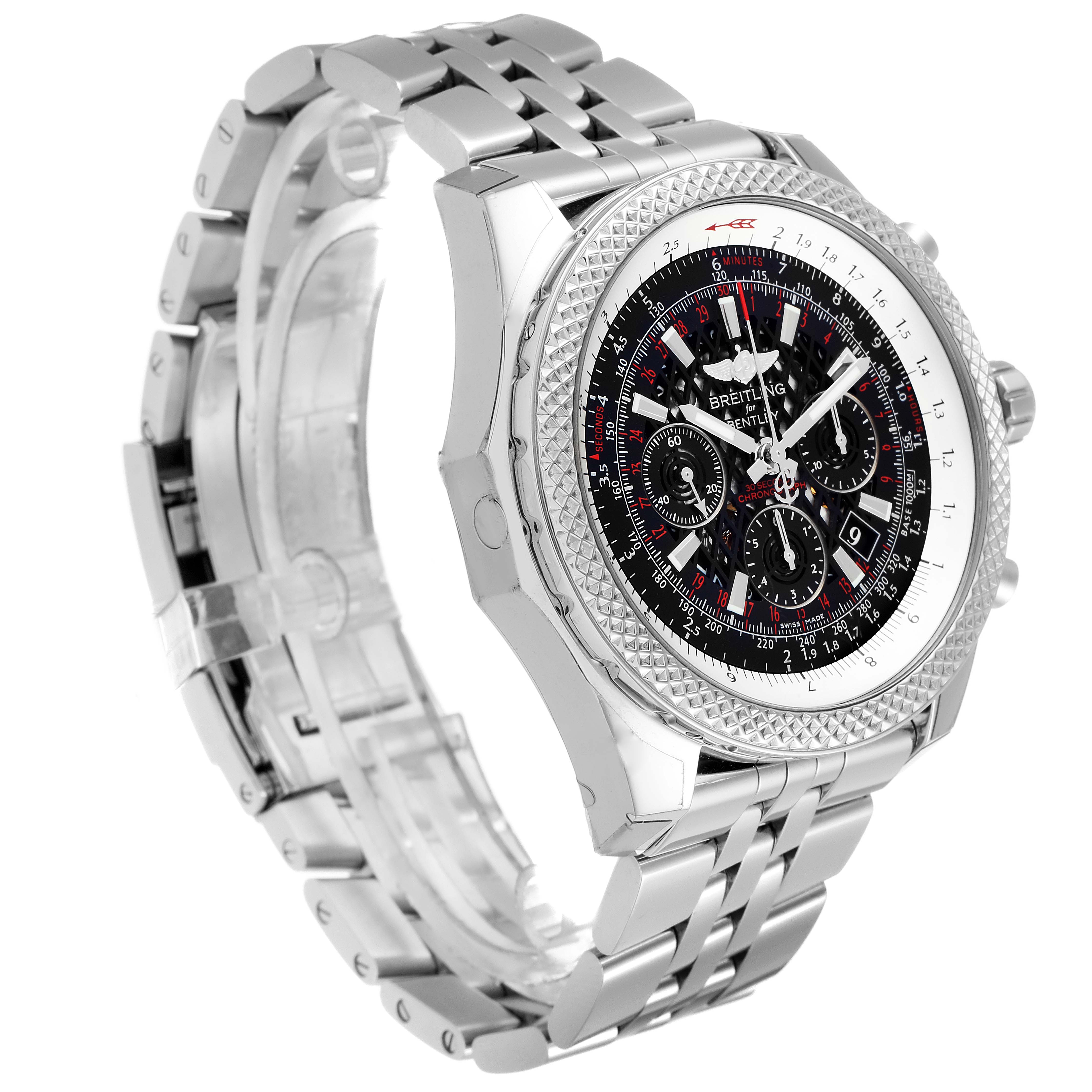 The image shows a side angle of the Breitling Bentley AB061112.BD80.990A Men
s Stainless Steel Black Dial AB061112.BD80.990A Men
s Stainless Steel Black Dial watch, highlighting its bracelet, bezel, and chronograph dial.