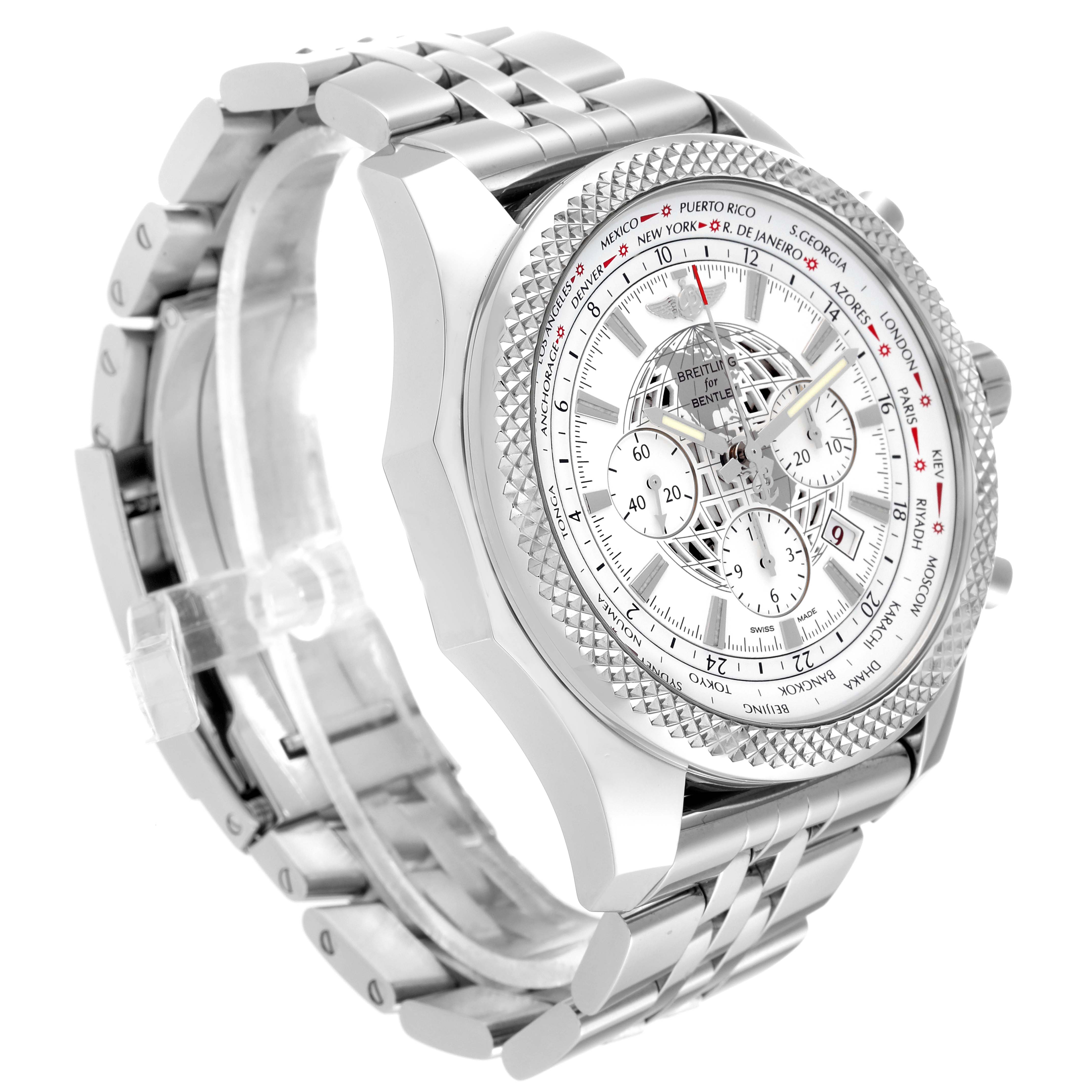 The Breitling Bentley AB0521 Men's Stainless Steel White Dial AB0521 Men's Stainless Steel White Dial watch is shown at a three-quarter angle, highlighting its dial, chronograph subdials, bezel, and metal bracelet.
