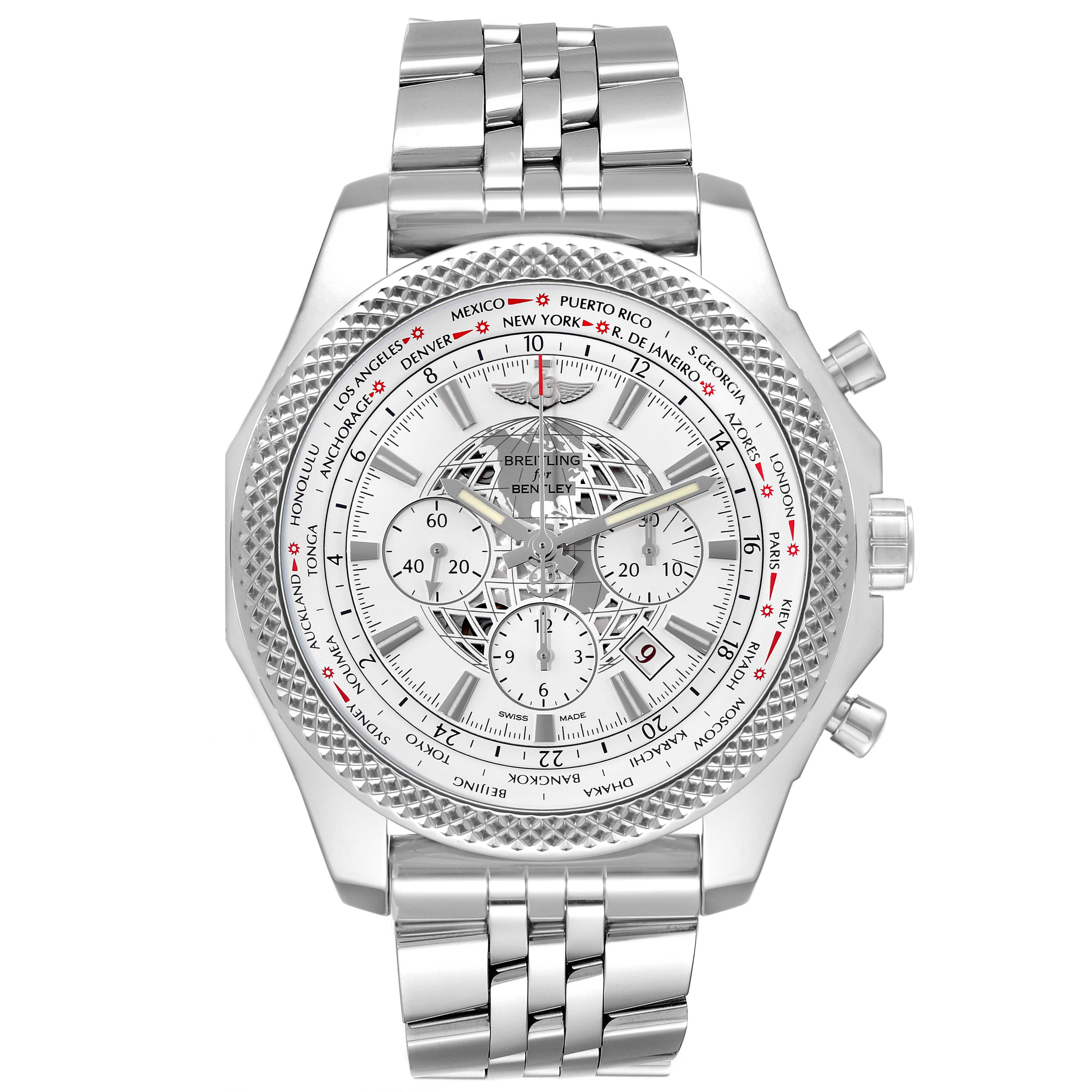 The image shows a front view of the Breitling Bentley AB0521 Men's Stainless Steel White Dial AB0521 Men's Stainless Steel White Dial watch, highlighting its dial, bezel, and stainless steel bracelet.