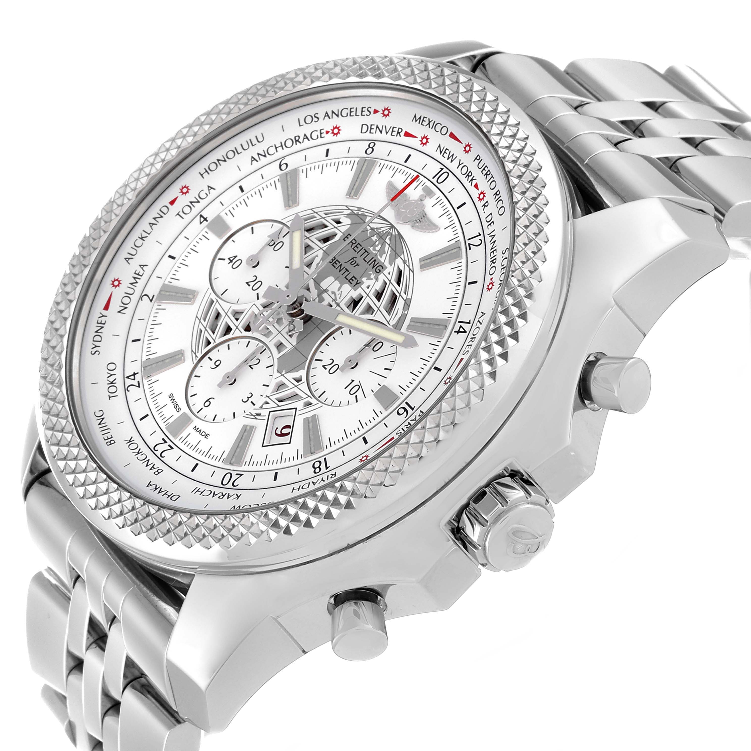 This image shows a close-up side angle of the Bentley model by Breitling, highlighting the dials, bezel, and crown.