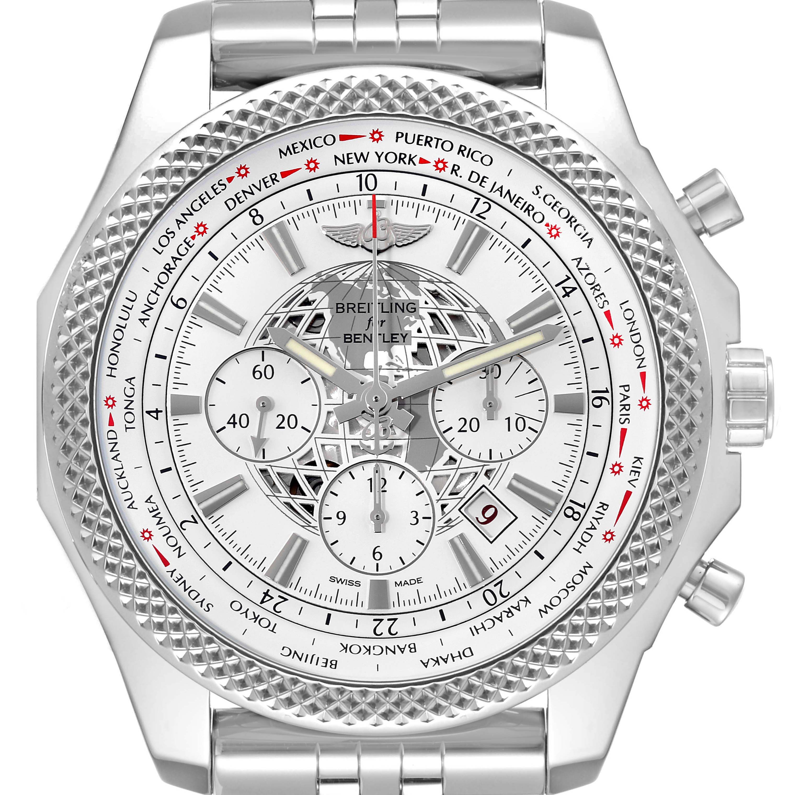 The image shows a front view of a Breitling Bentley AB0521 Men's Stainless Steel White Dial AB0521 Men's Stainless Steel White Dial watch, highlighting the detailed face, bezel, and part of the metal bracelet.
