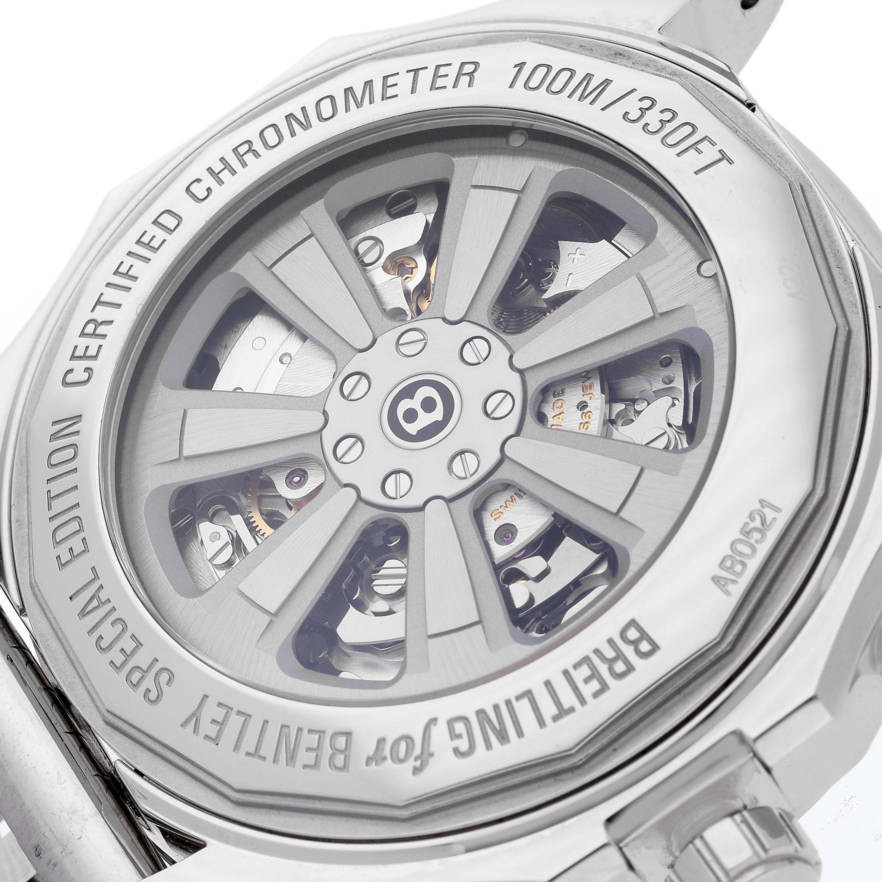 This image shows the back of the Breitling for Bentley model watch, highlighting the intricate movement and casing details.