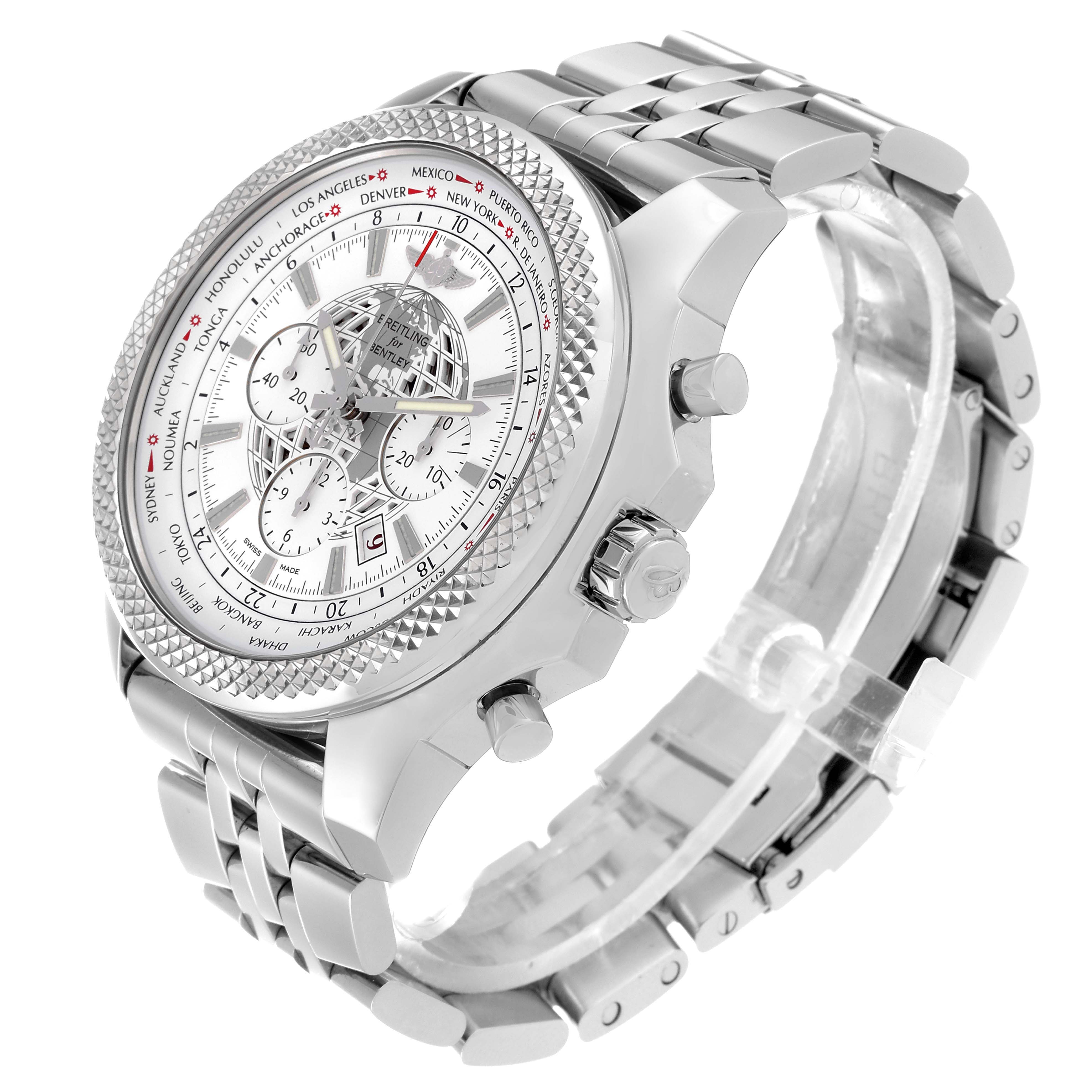 This image shows a Breitling Bentley AB0521 Men's Stainless Steel White Dial AB0521 Men's Stainless Steel White Dial watch at a slight angle, highlighting its face, bezel, crown, and bracelet.
