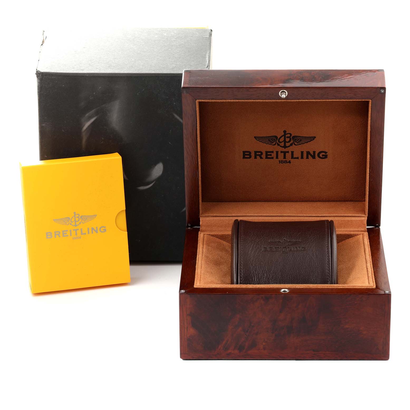 The image shows a Breitling Bentley AB0521 Men's Stainless Steel White Dial AB0521 Men's Stainless Steel White Dial watch box set with the exterior box, interior case, and protective cushion.