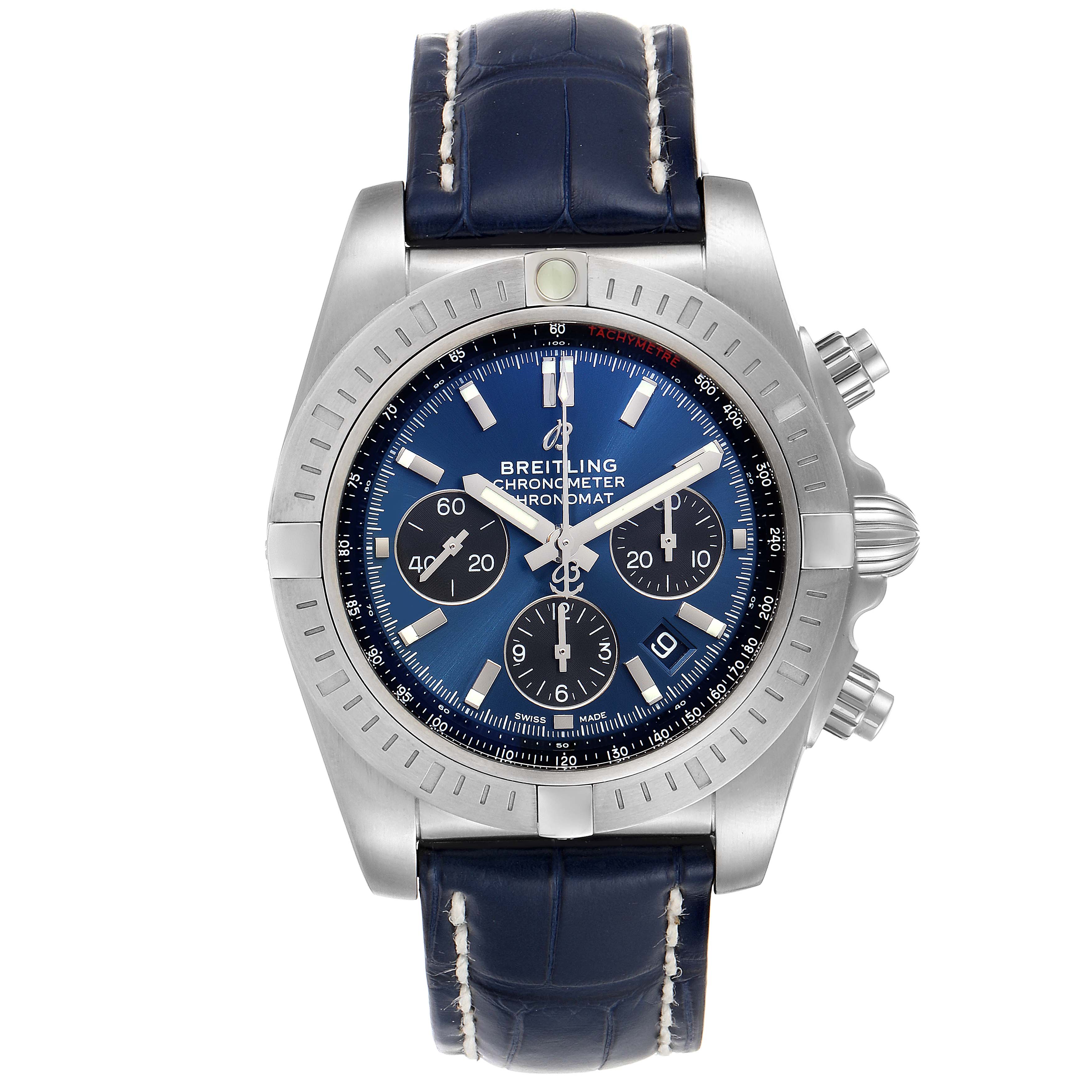 The image shows a front view of a Breitling Chronomat AB0115 Men
s Stainless Steel Blue Dial AB0115 Men
s Stainless Steel Blue Dial watch featuring a blue dial and leather strap.
