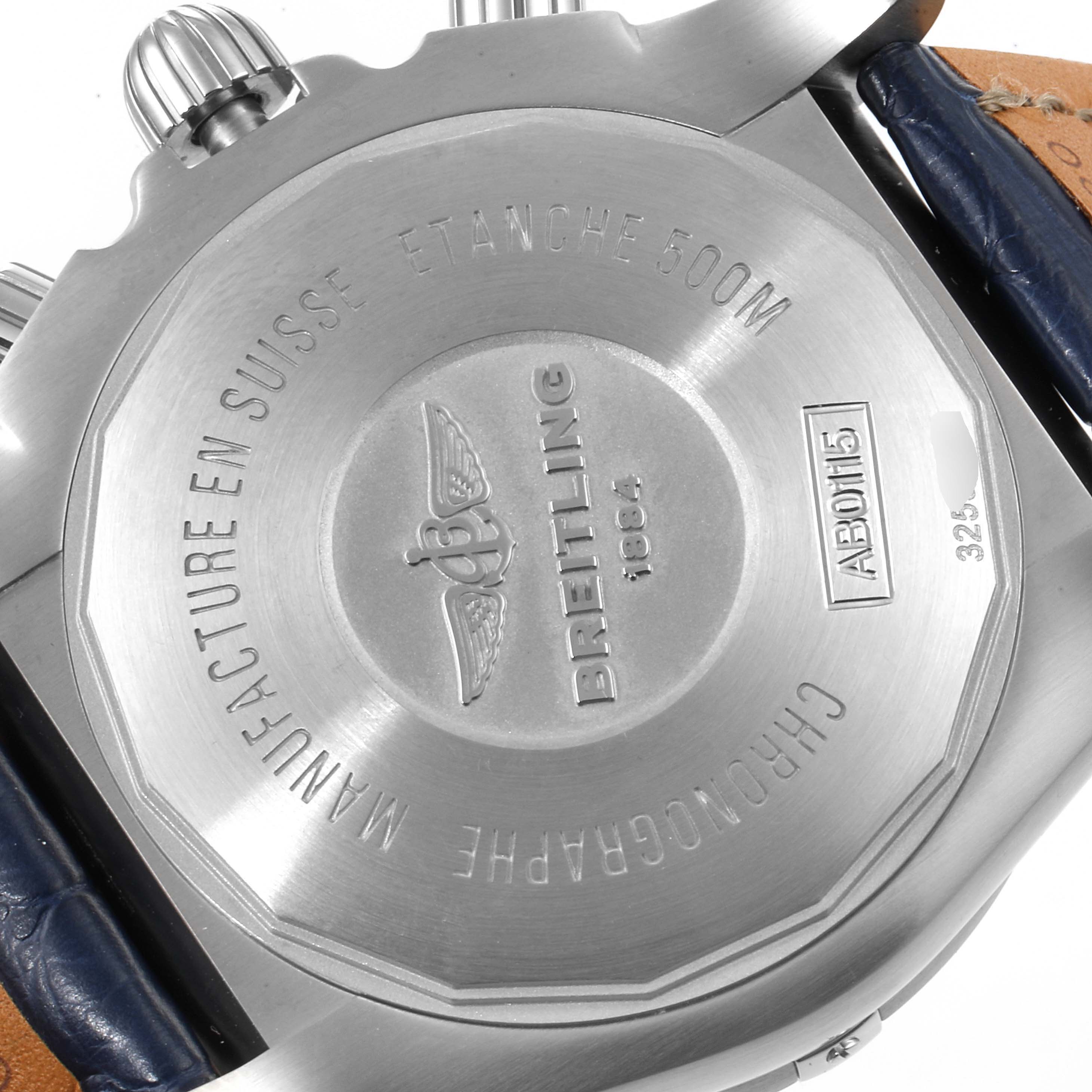 The image shows the back case of a Breitling Chronomat AB0115 Men
s Stainless Steel Blue Dial AB0115 Men
s Stainless Steel Blue Dial watch, highlighting its engravings and branding.
