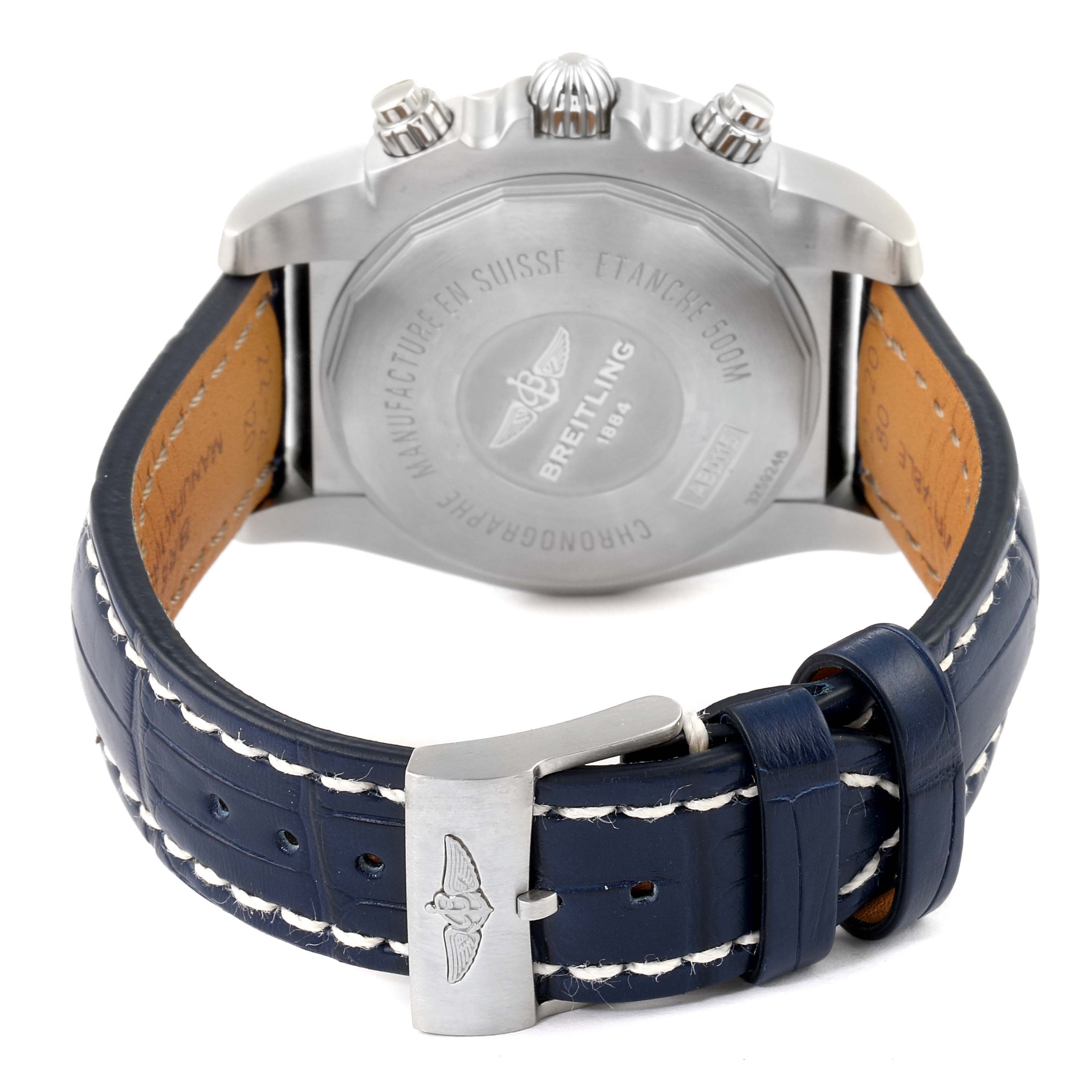 The image shows the back case, crown, pushers, and leather strap of a Breitling Chronomat AB0115 Men
s Stainless Steel Blue Dial AB0115 Men
s Stainless Steel Blue Dial watch.